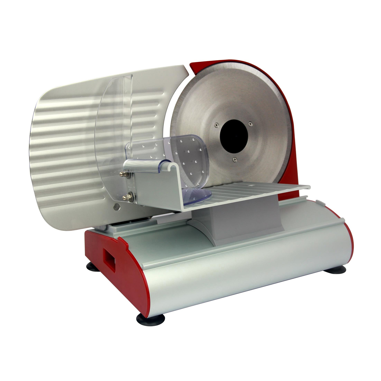 Czerwona i srebrna krajalnica do mięsa z ostrym ostrzem.