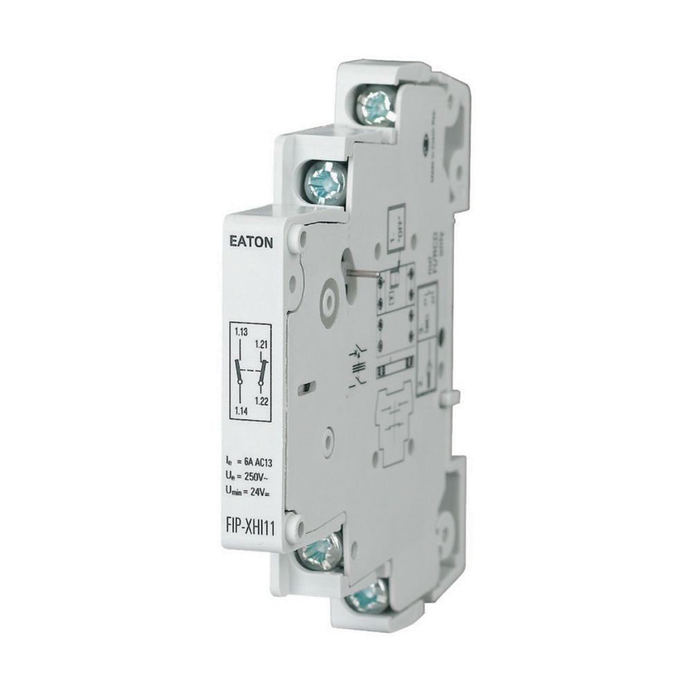 Componente elettrico Eaton bianco con etichette, schema elettrico e viti.