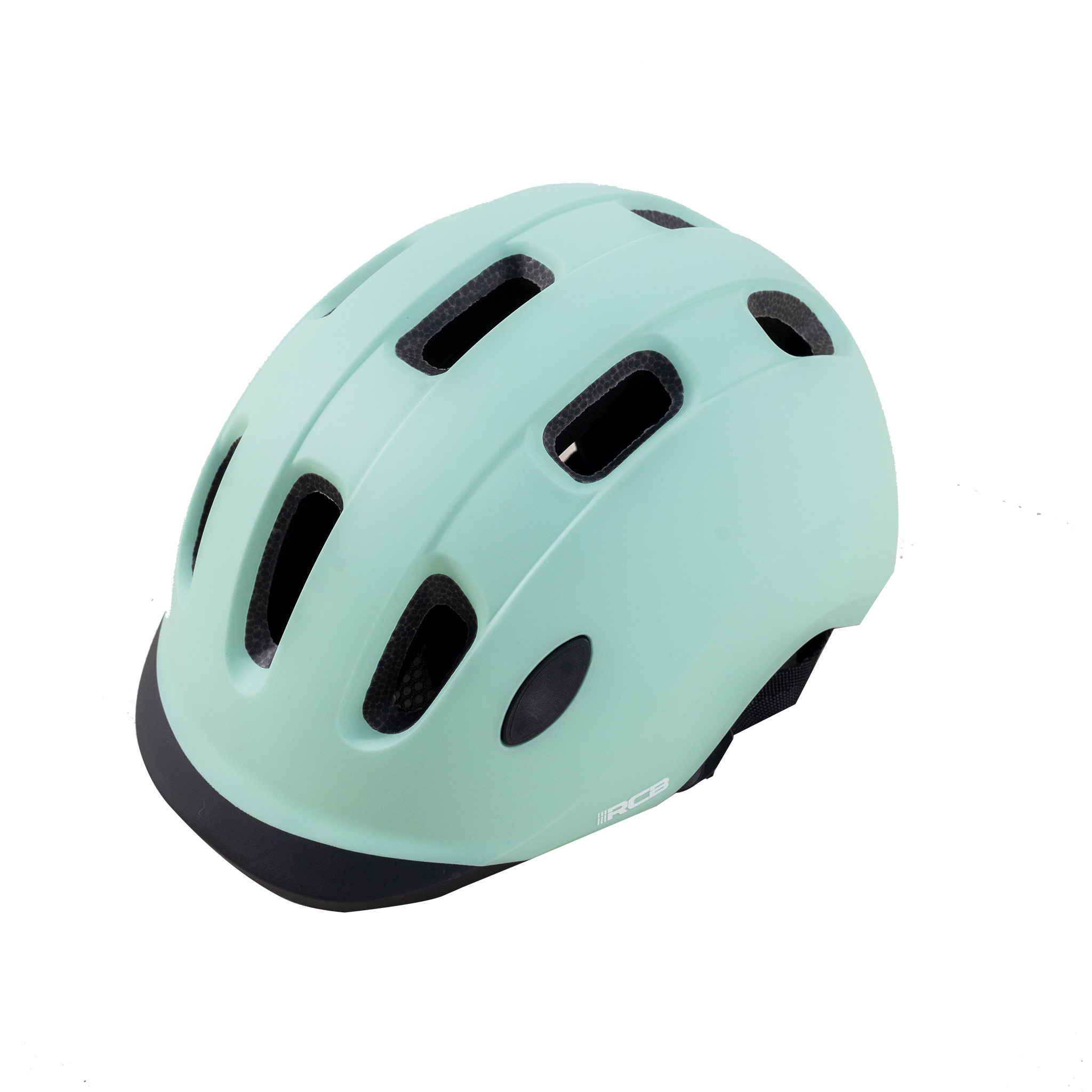 Ein hellgrüner Fahrradhelm mit Belüftungsöffnungen und schwarzem Visier.