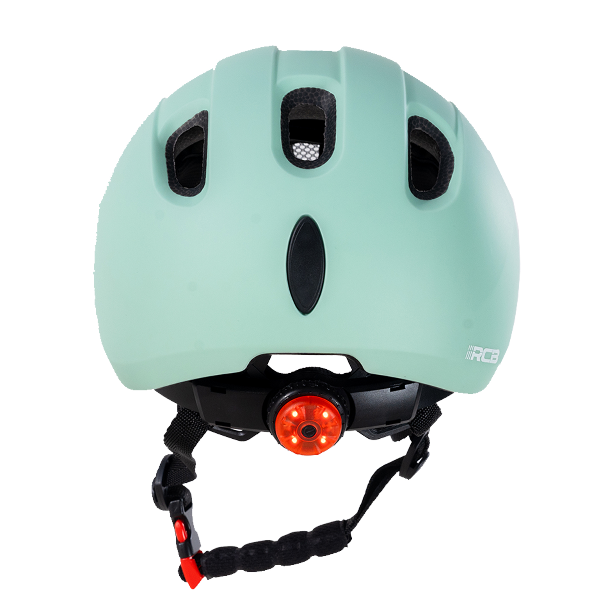 Ein mintgrüner Fahrradhelm mit Lüftungsschlitzen und rotem Rücklicht.