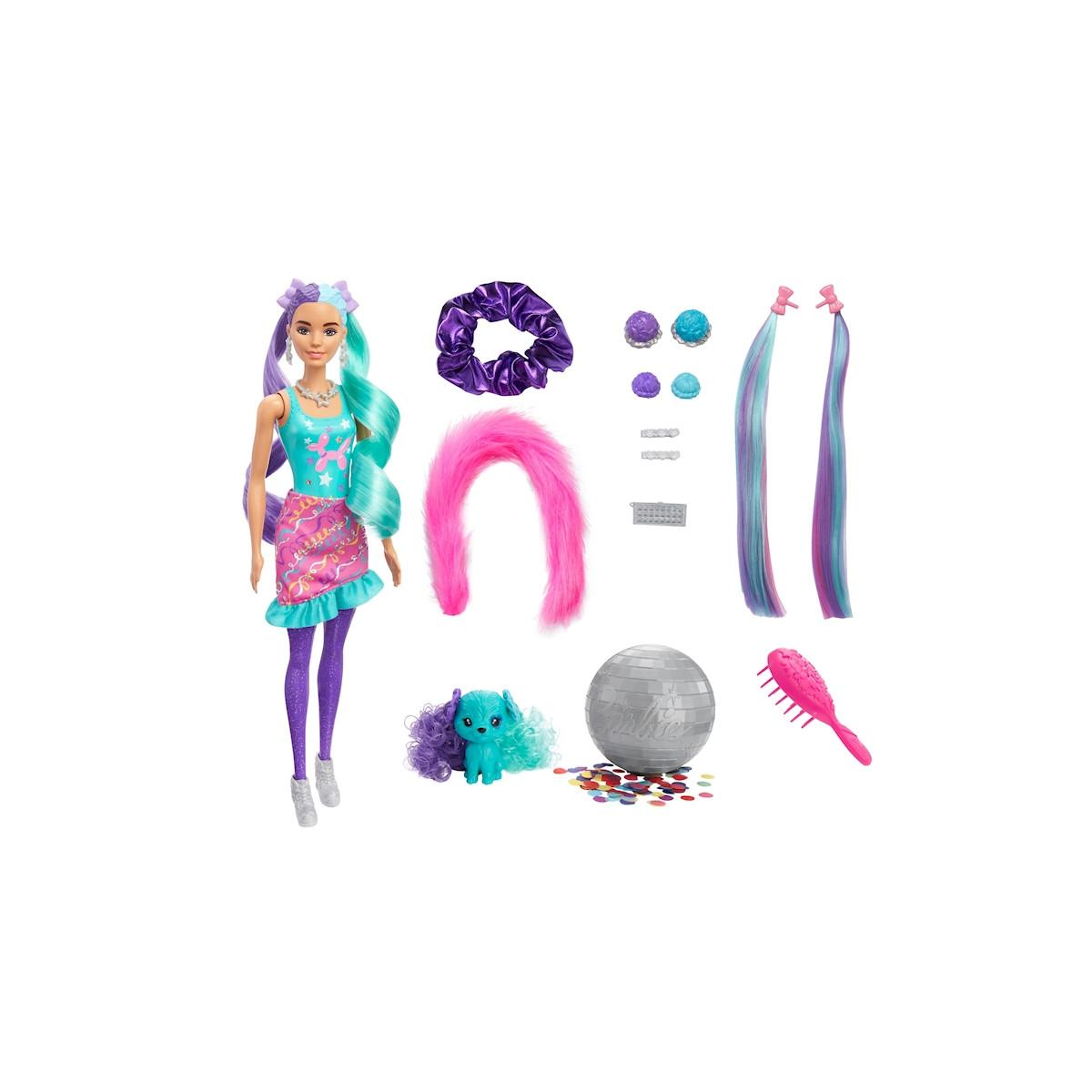 Bambola Barbie con capelli colorati, animale domestico e accessori per lo styling.