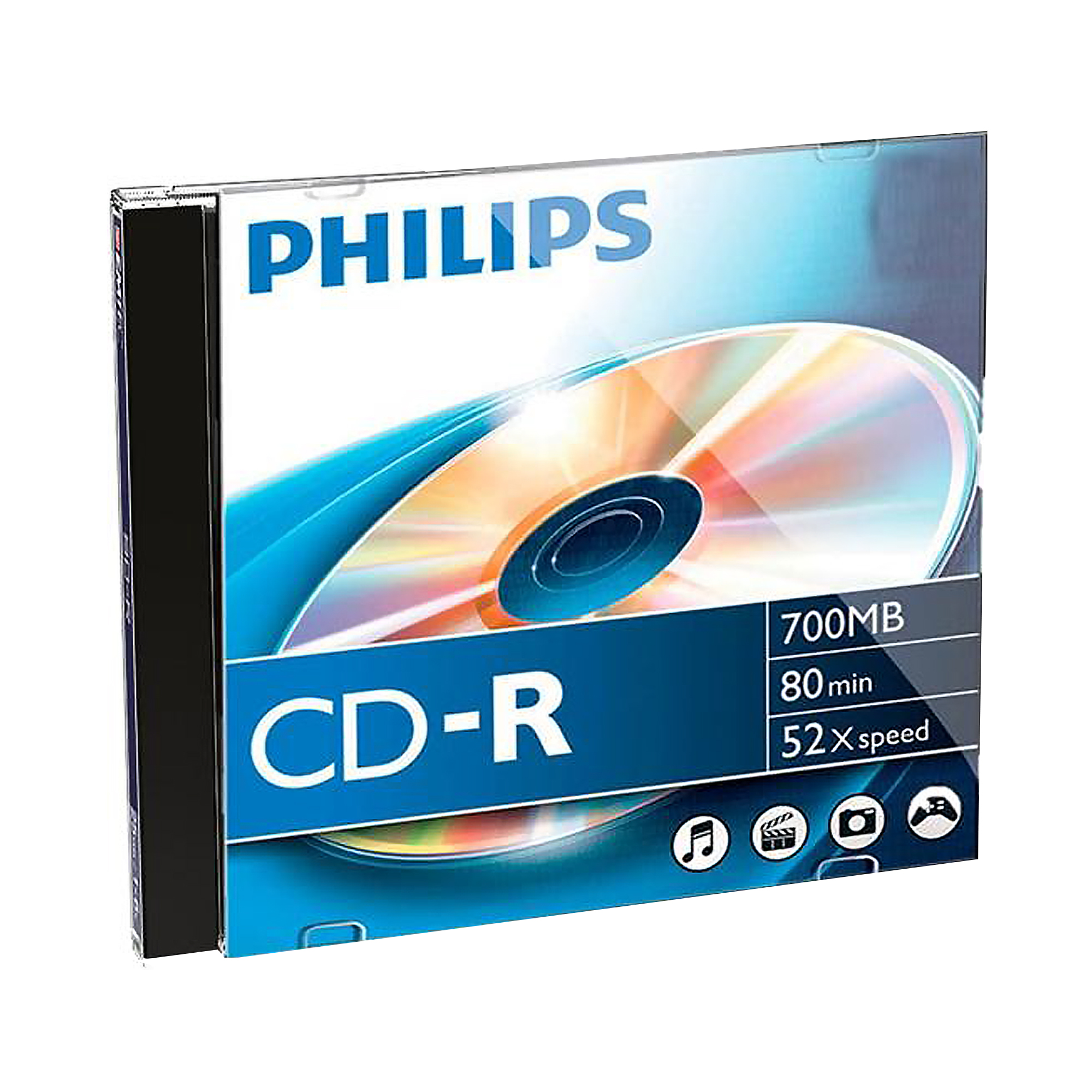 CD-R Philips con 700MB, 80 min, 52x velocità, icone per musica, video, foto, giochi.