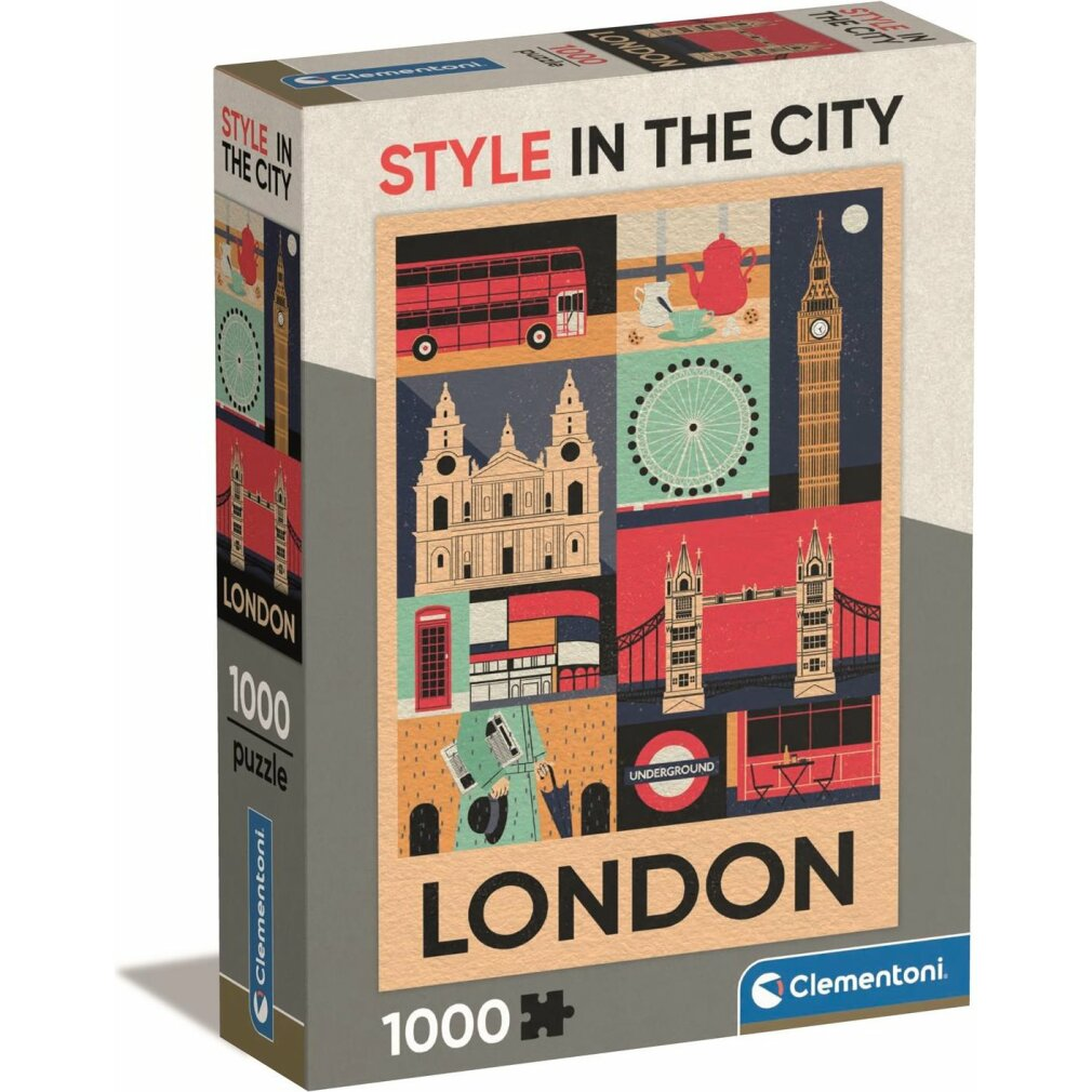Scatola puzzle con icone di Londra: autobus a due piani, Big Ben, Tower Bridge.