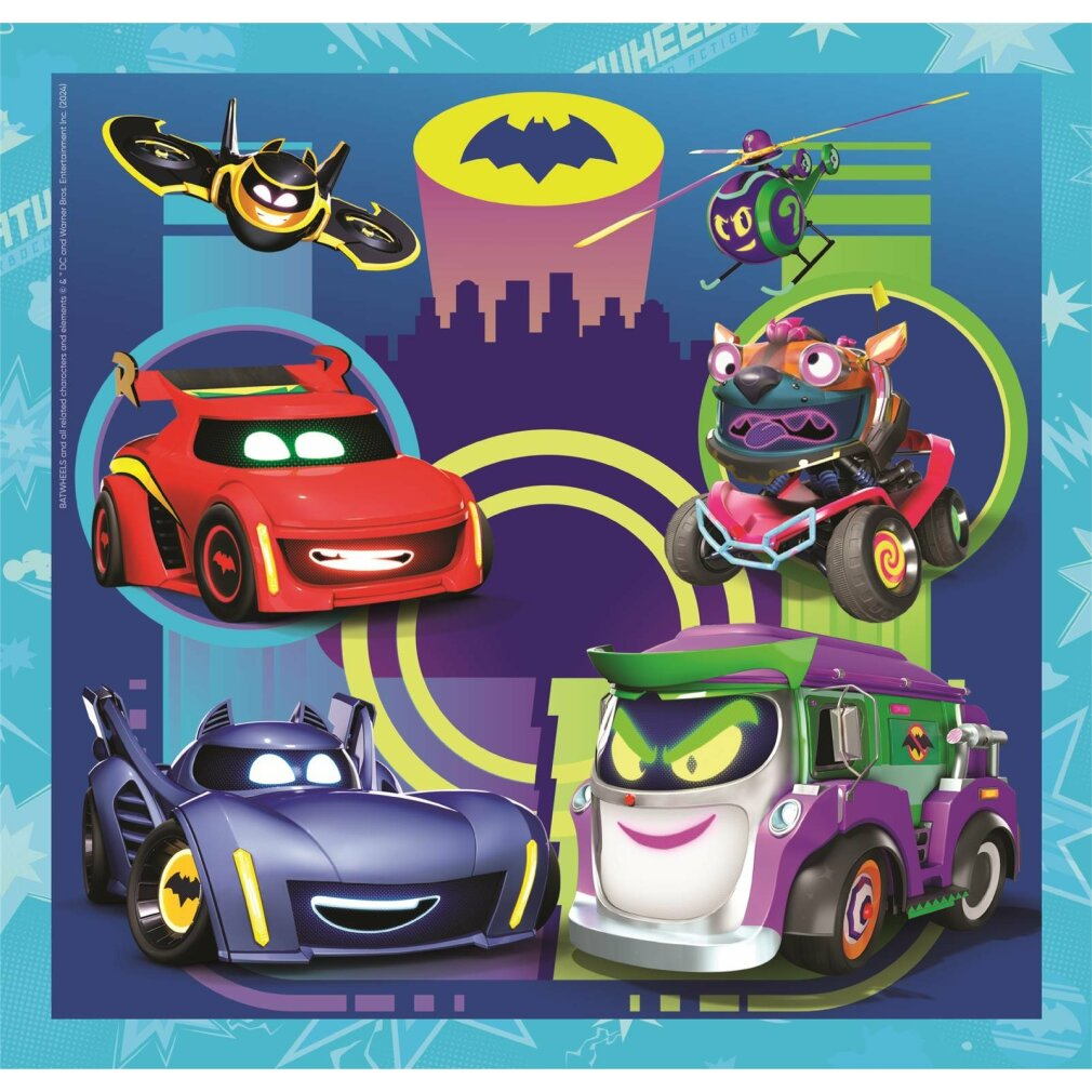 Veicoli e personaggi di Batman: bat-aereo, auto rossa, auto blu, furgone viola e cane in un kart.