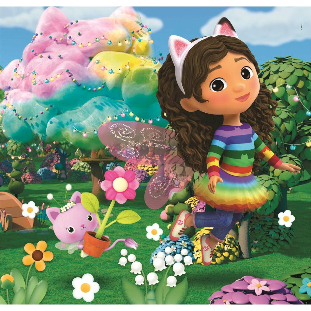 Una bambina con orecchie da gatto e vestiti arcobaleno salta in un giardino magico con un gatto rosa.