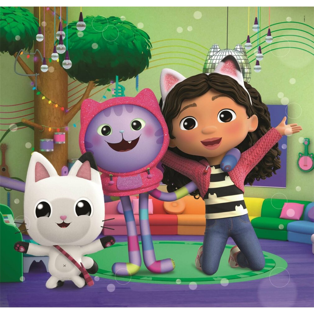 Tre personaggi dei cartoni animati in una stanza: un gatto bianco, un gatto viola e una ragazza con orecchie da gatto.