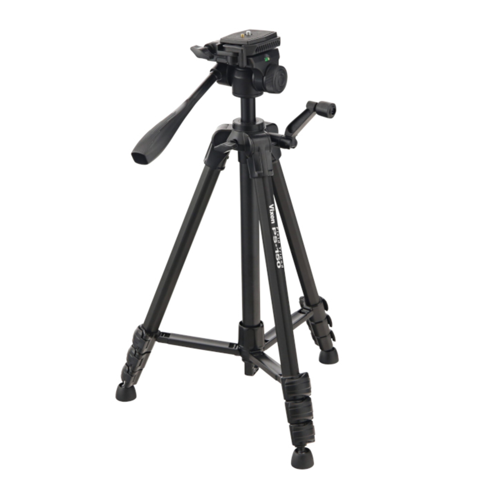 Ein schwarzes Vixen PS-150 Stativ mit verstellbaren Beinen und Kamerahalterung ist vor weißem Hintergrund abgebildet.