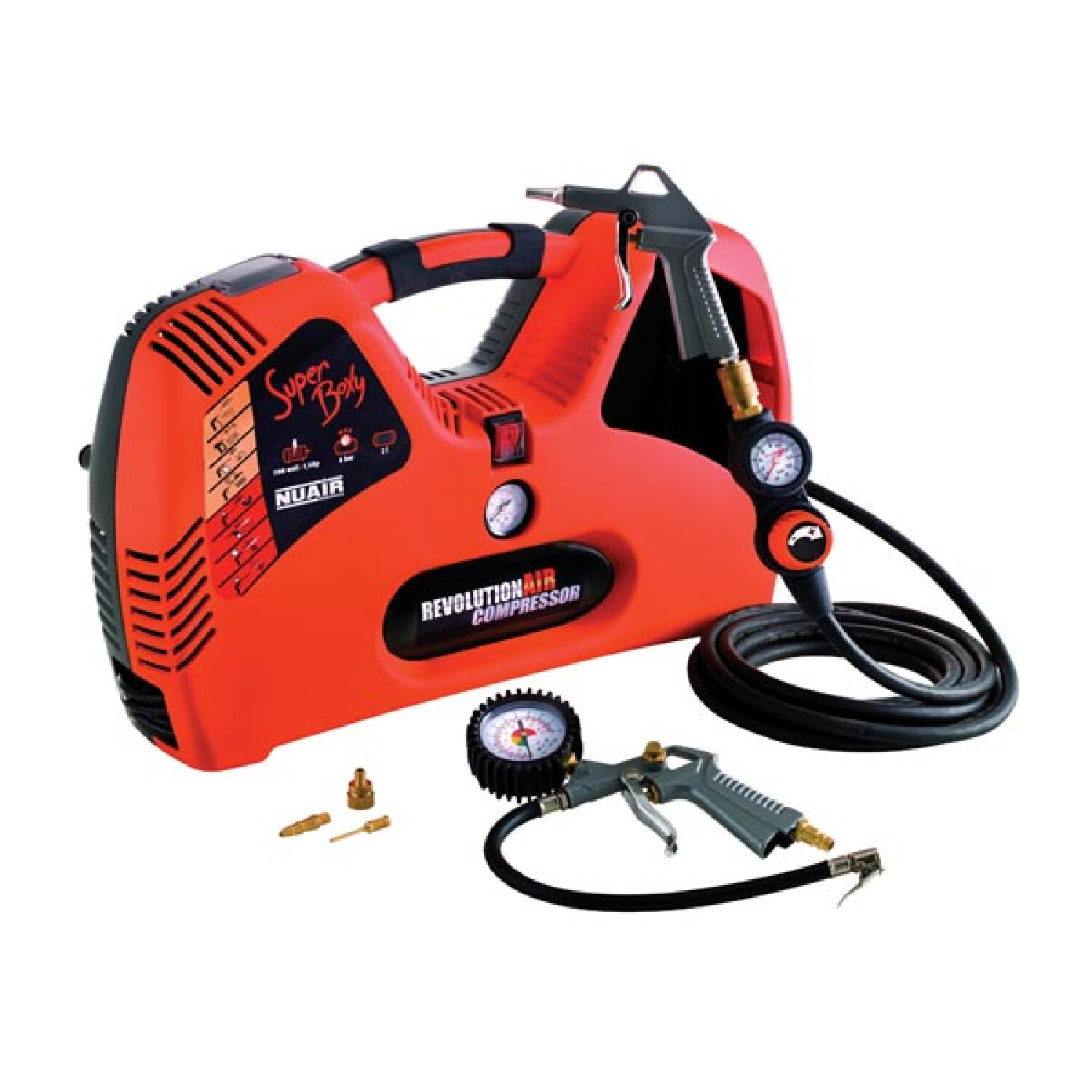 Compressore d'aria arancione con manometro, tubo, pistola ad aria e adattatori.