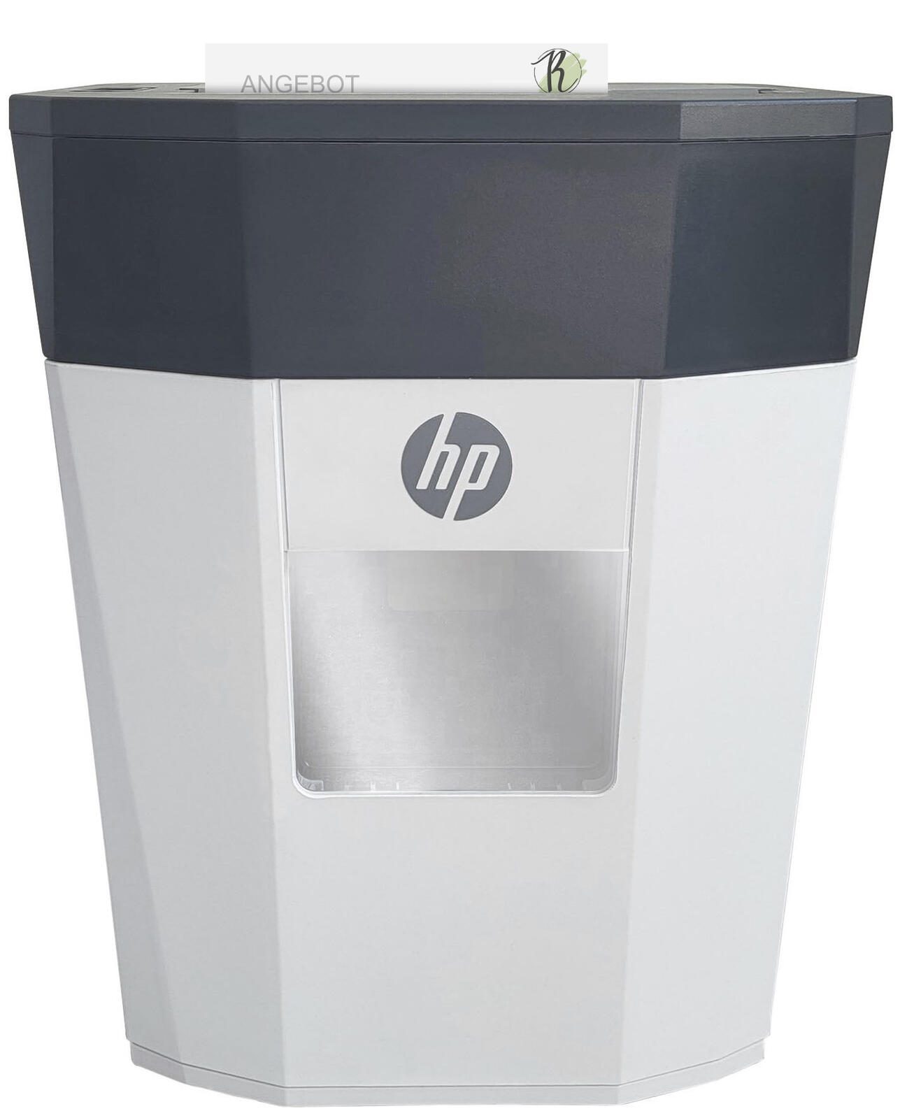 Distruggidocumenti HP bianco e grigio scuro con finestra trasparente e carta in alimentazione.