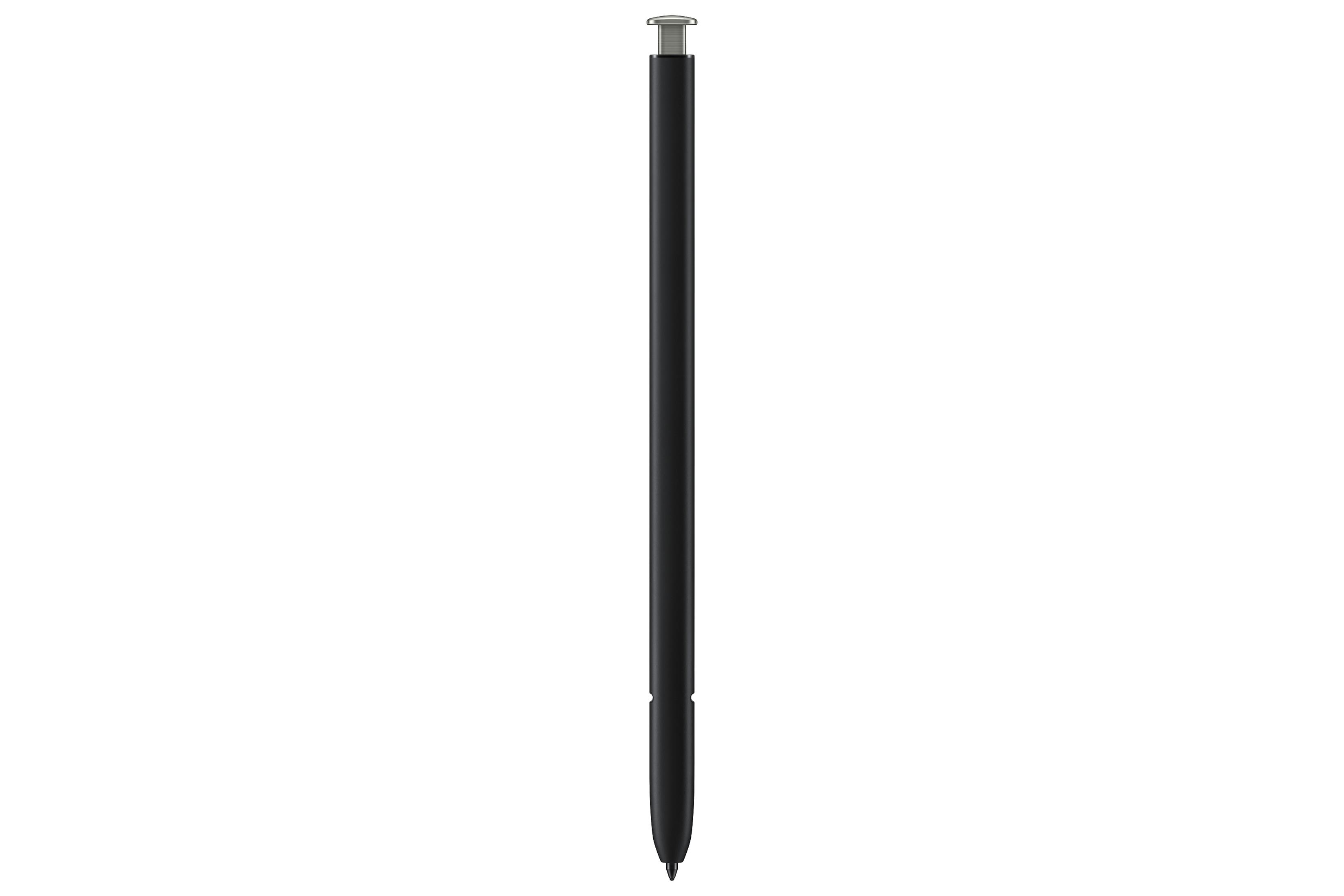 Una S Pen nera su sfondo bianco, con punta argentata e anello argentato in cima.