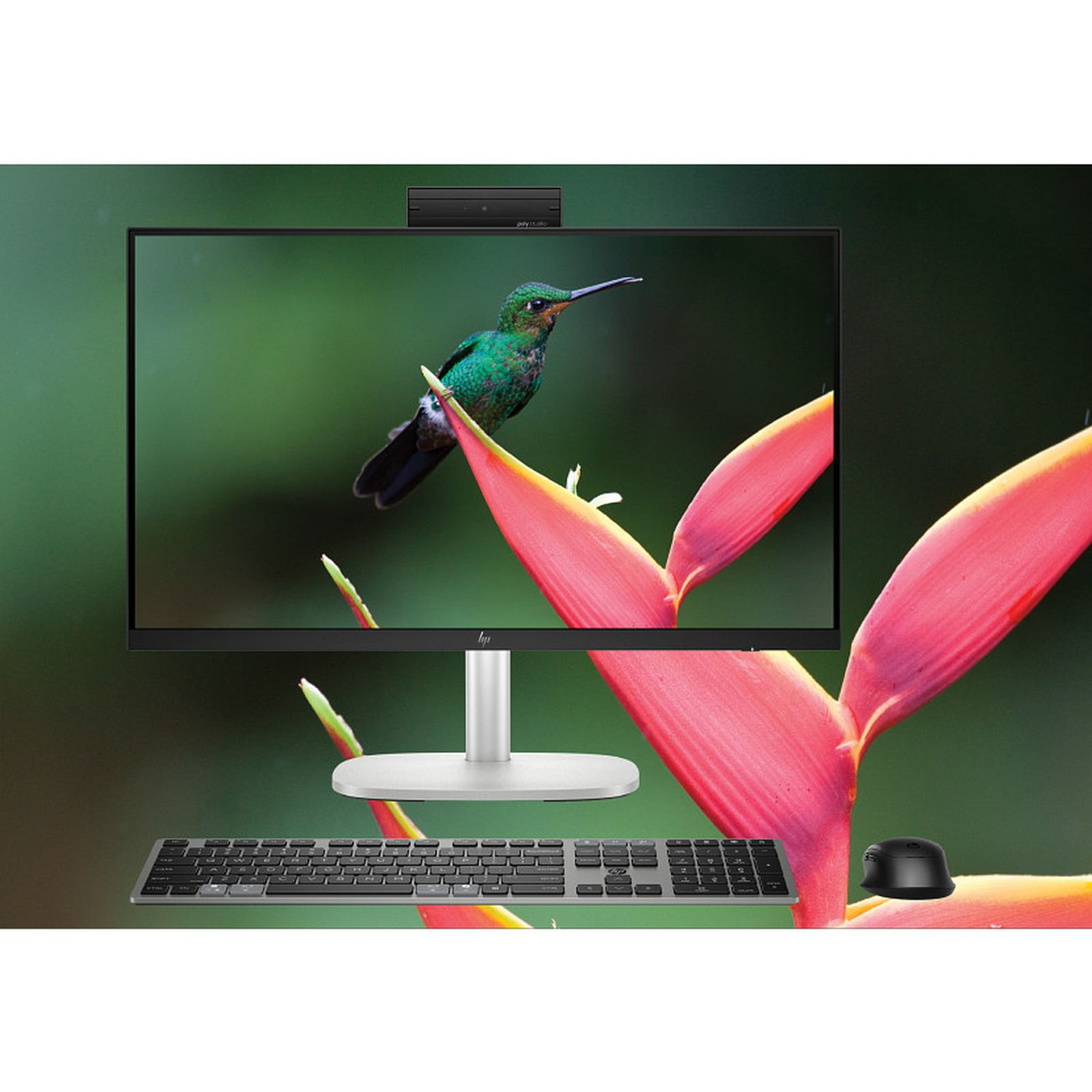 Un computer desktop con uno schermo che mostra un colibrì su un fiore, una tastiera e un mouse.