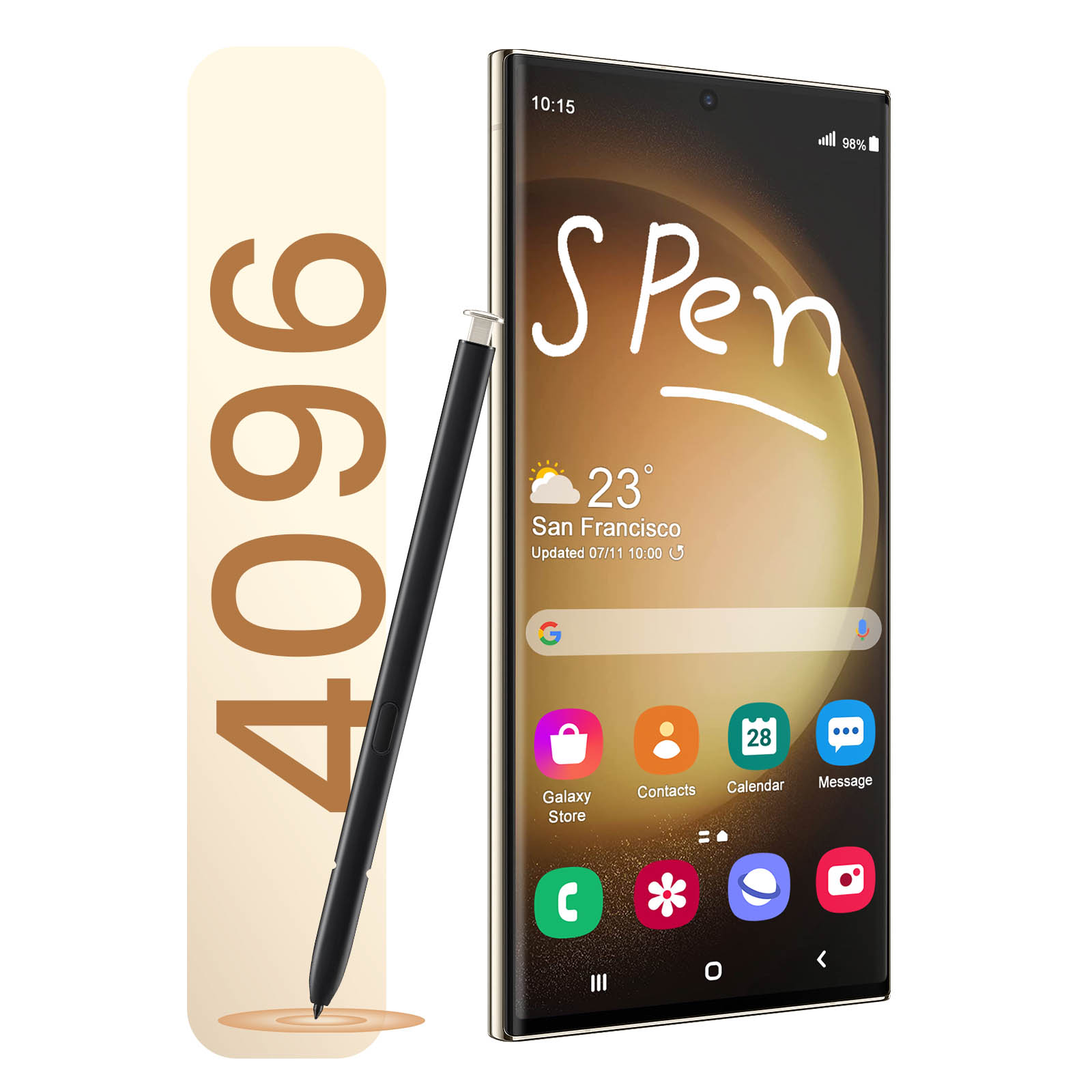 Una S Pen nera poggia su uno smartphone dorato che mostra 'S Pen' e informazioni meteo.