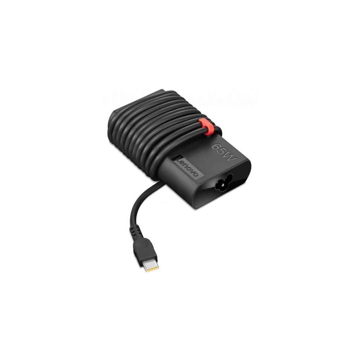 Caricabatterie Lenovo nero 65W USB-C per laptop con cavo avvolto e connettore USB-C.