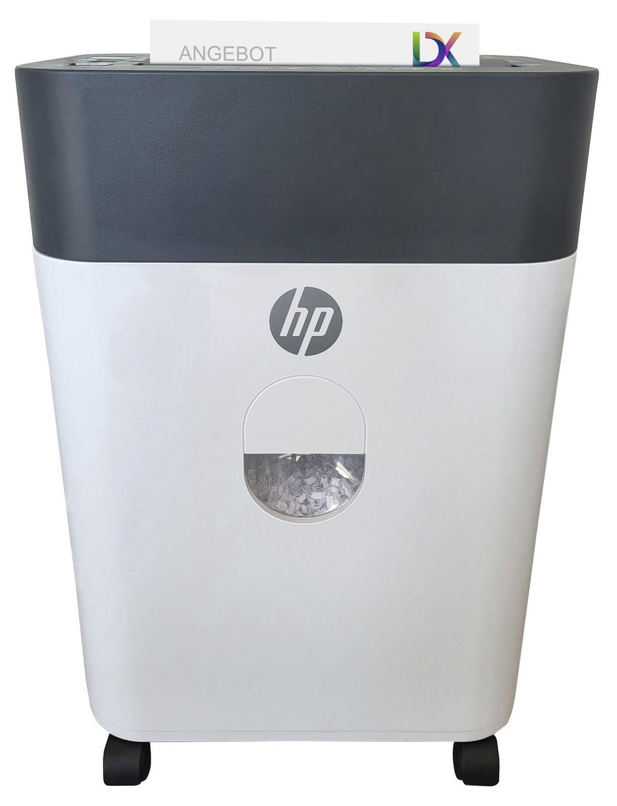 Una distruggidocumenti HP bianca e grigia con ruote, che distrugge un documento con scritto ANGEBOT.