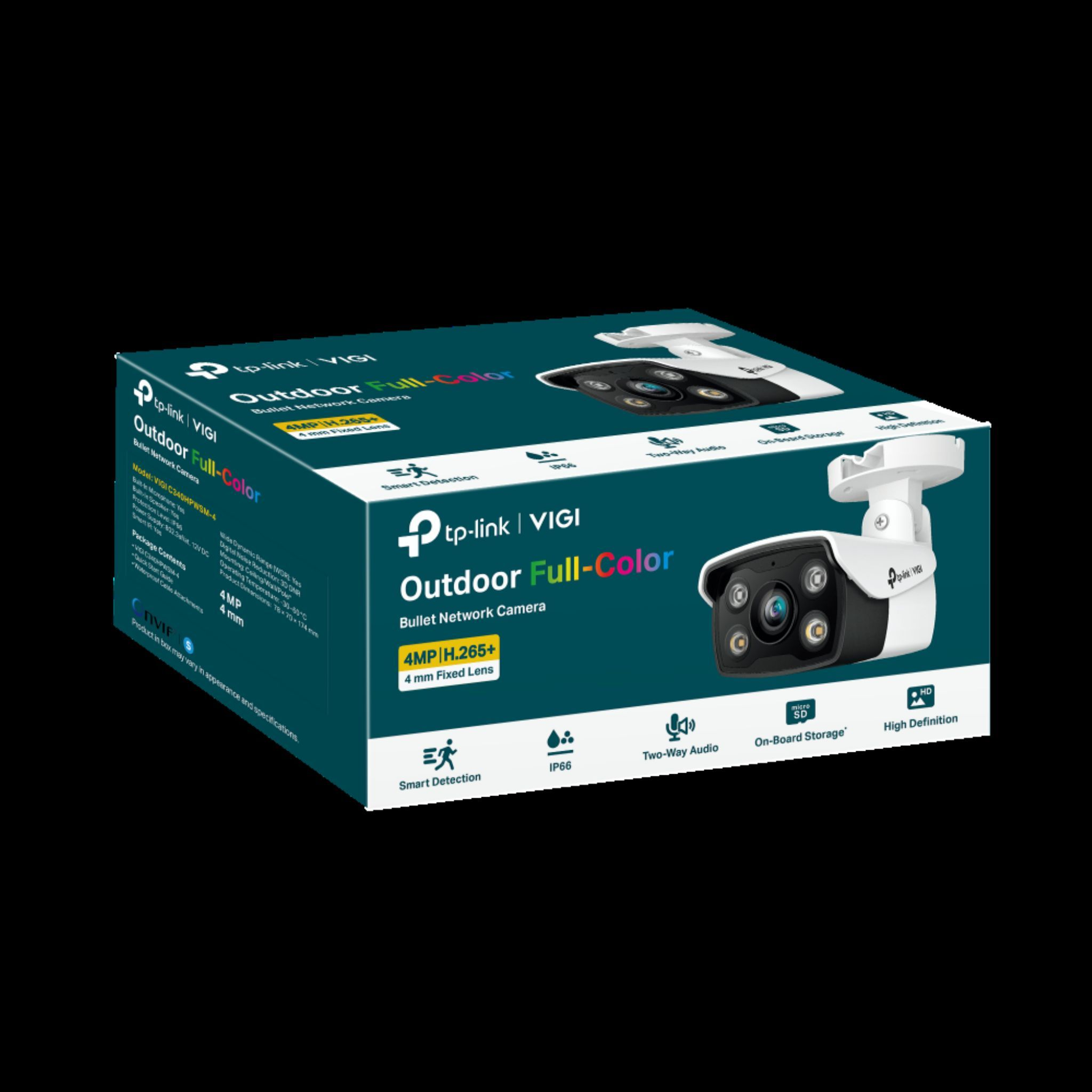 Caja de cámara de red tipo bala TP-Link VIGI exterior a todo color con imagen y características.