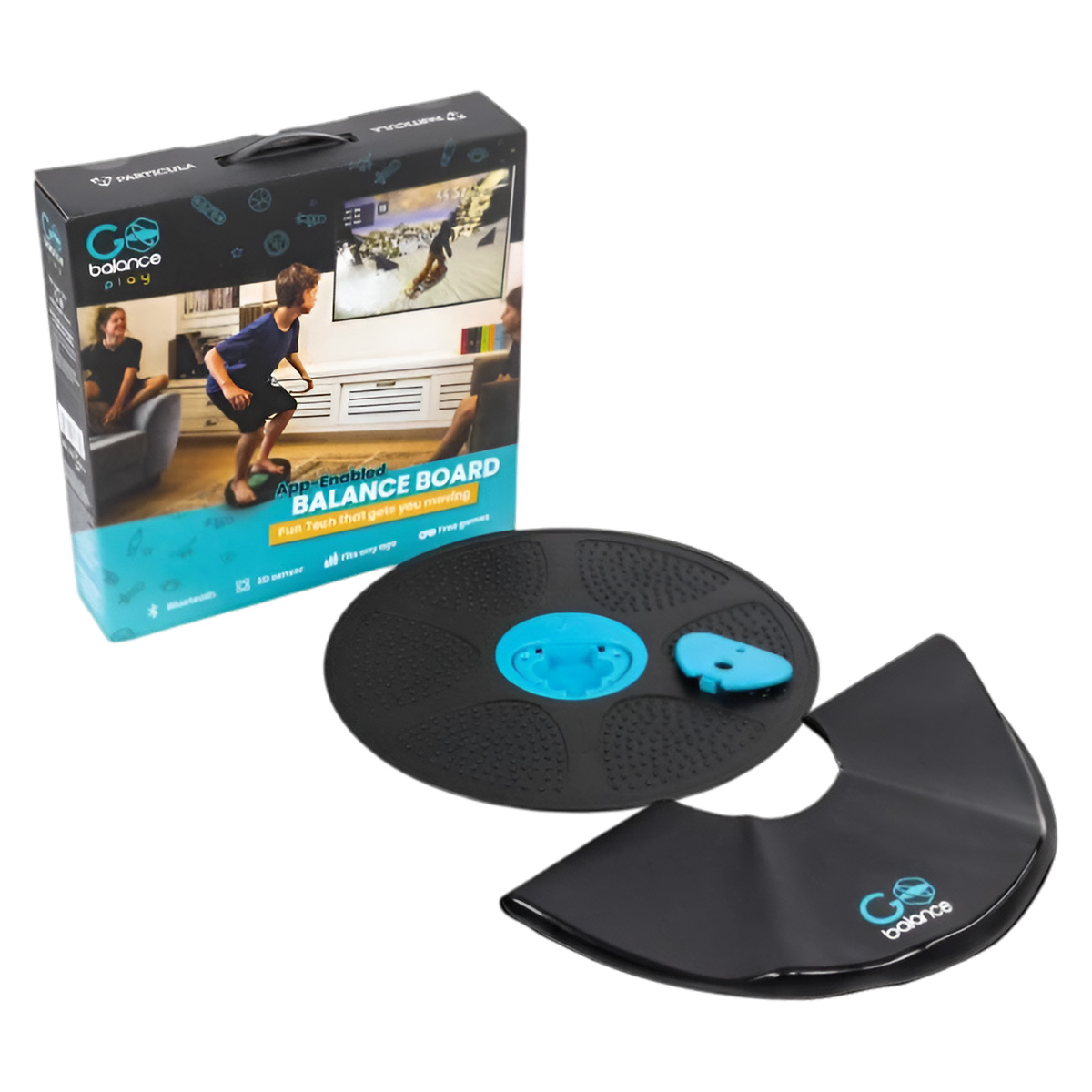 Eine schwarze Go Balance Play App-fähige Balance Board und ihre Box sind abgebildet.