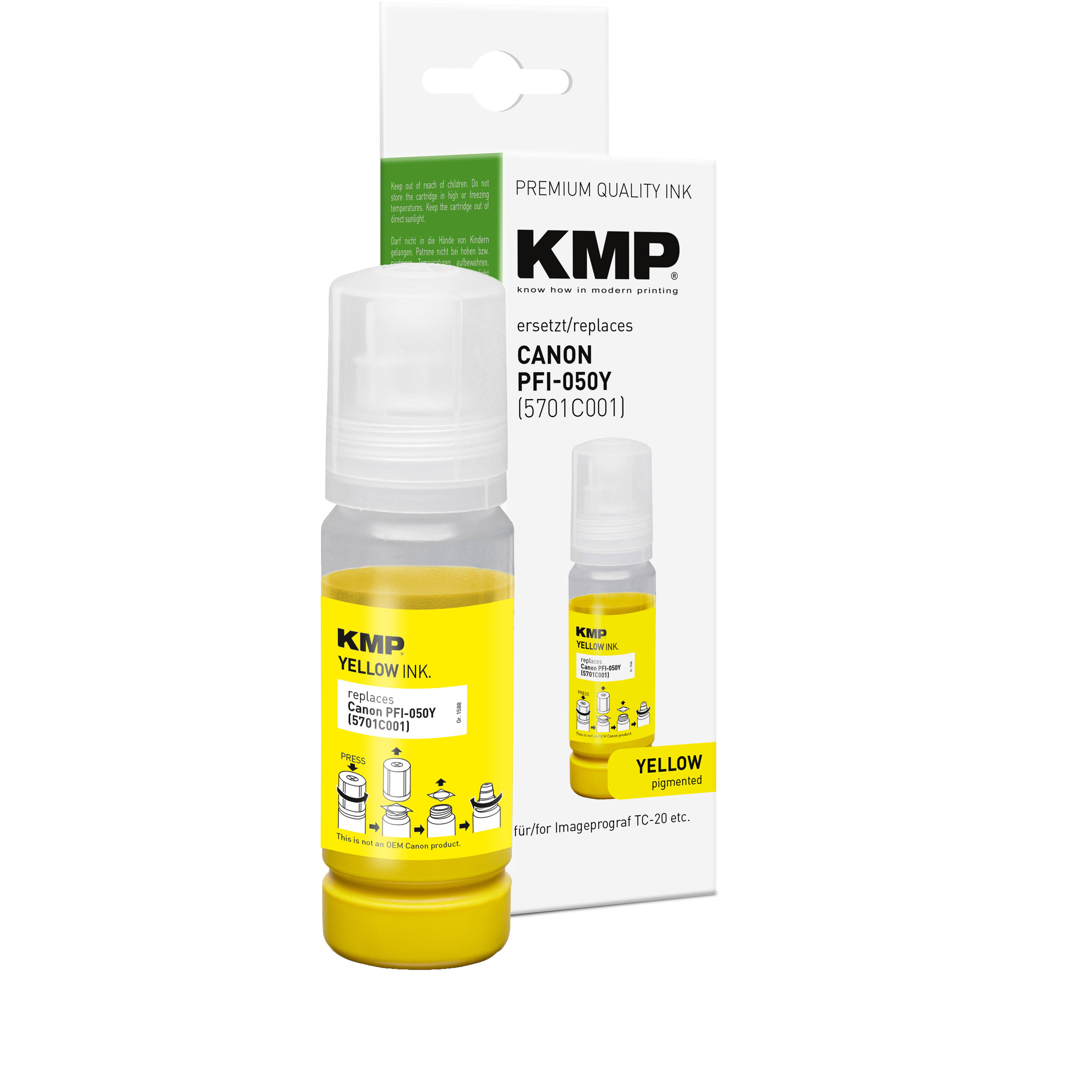 Flacone di inchiostro giallo KMP, sostituisce Canon PFI-050Y. Include istruzioni.
