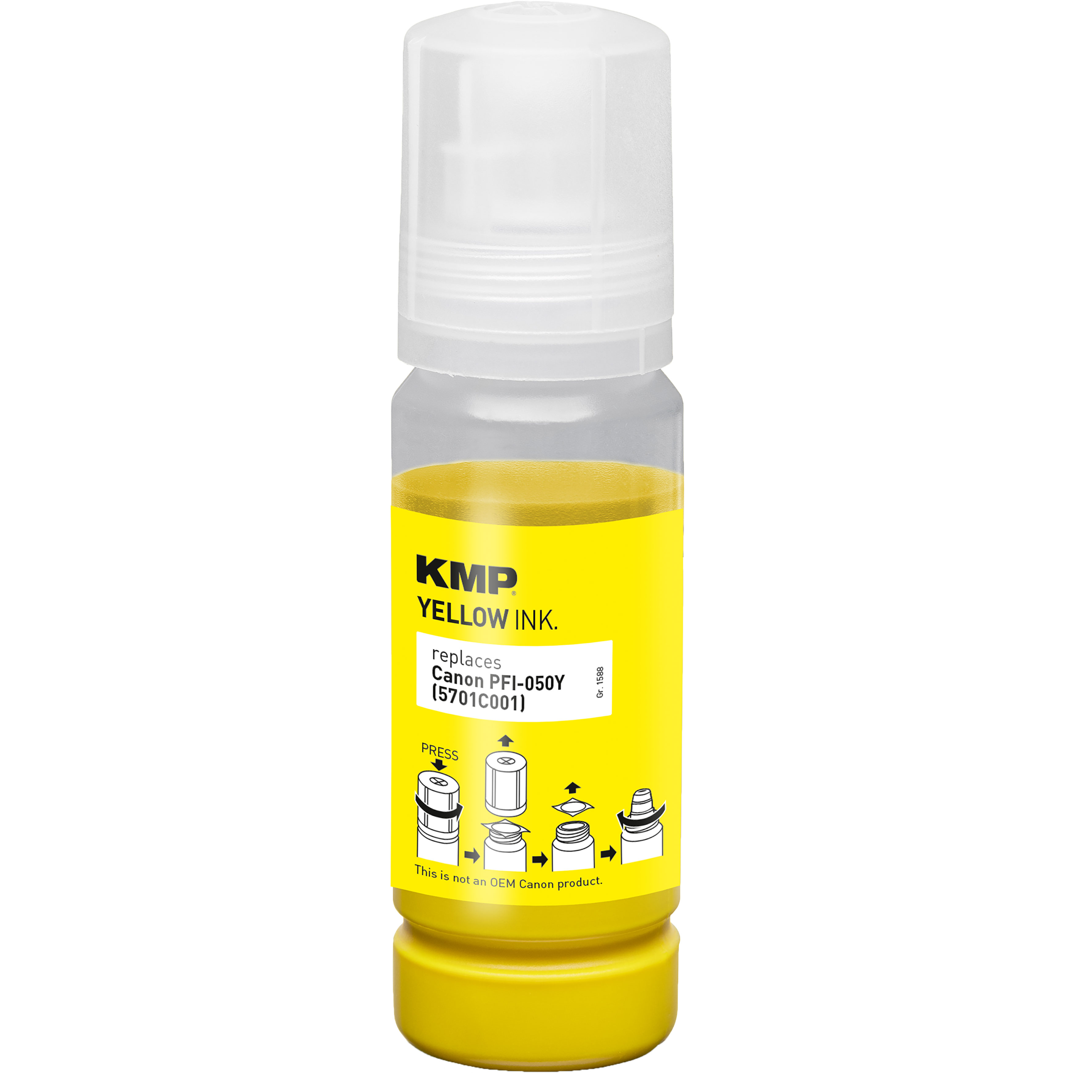 Inchiostro giallo KMP sostituisce Canon PFI-050Y, con istruzioni.