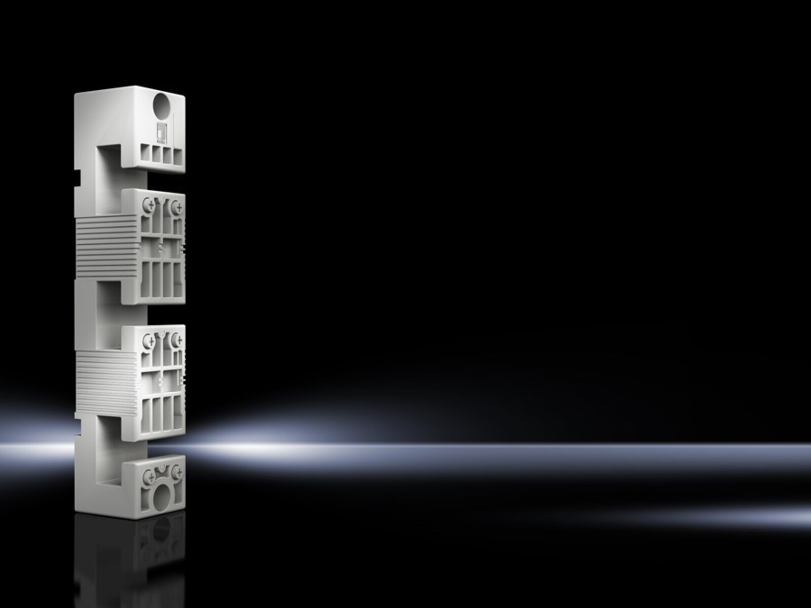 Componente modulare bianco impilato verticalmente su sfondo nero con riflesso di luce.