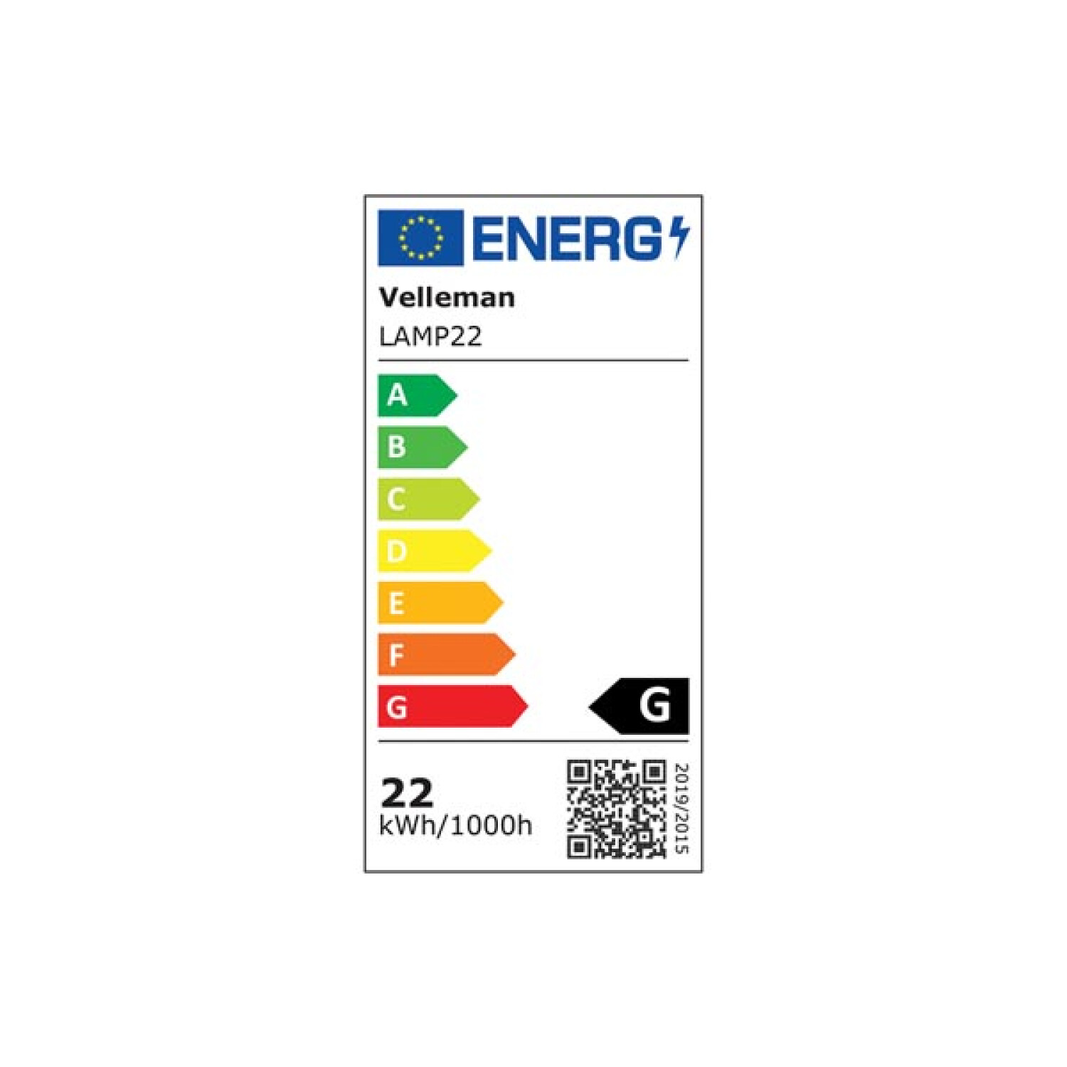Etichetta energetica Velleman LAMP22, classe G, 22 kWh/1000h.