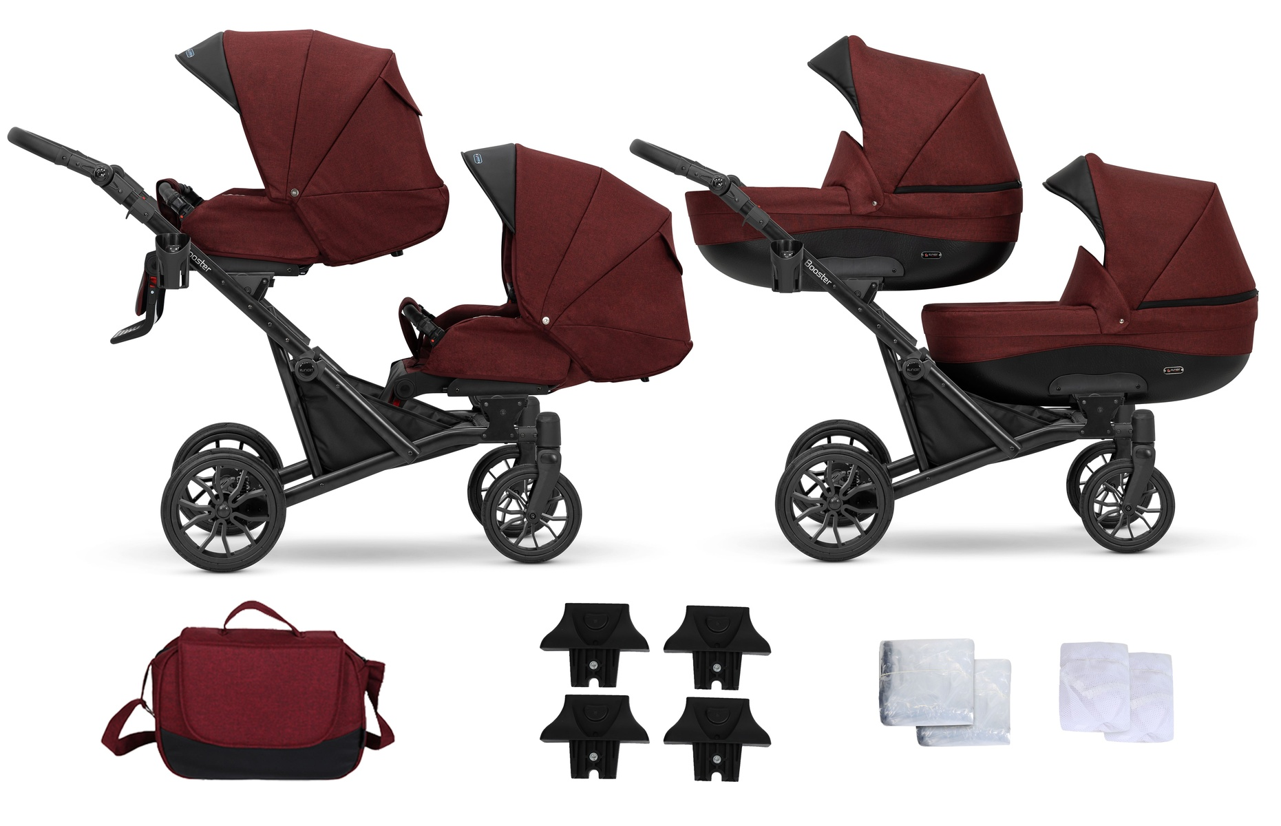 Ein burgunderroter Geschwisterwagen mit Zubehör: Tasche, Adapter und Abdeckungen. Kinderwagen in zwei Konfigurationen.