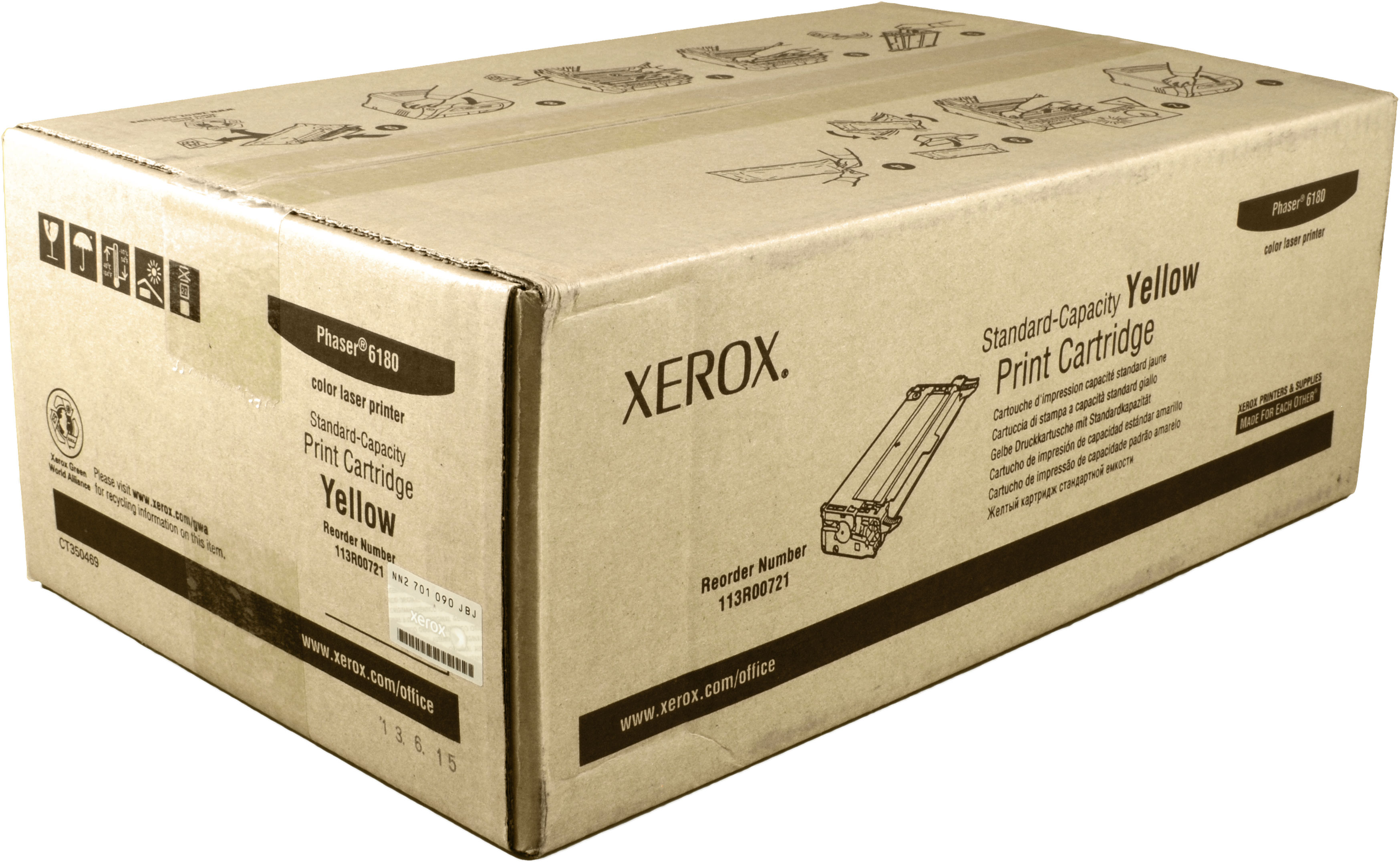 Una scatola di cartone per una cartuccia per stampante laser a colori Xerox Phaser 6180 gialla.