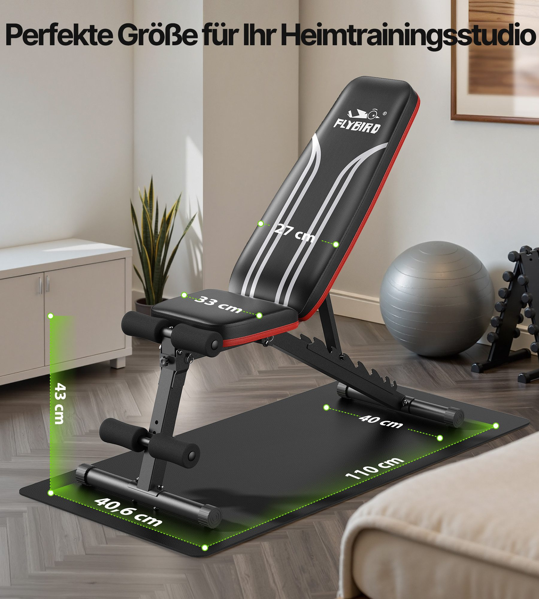 Ein verstellbarer Hantelbank mit Maßen und einem Trainingsball.