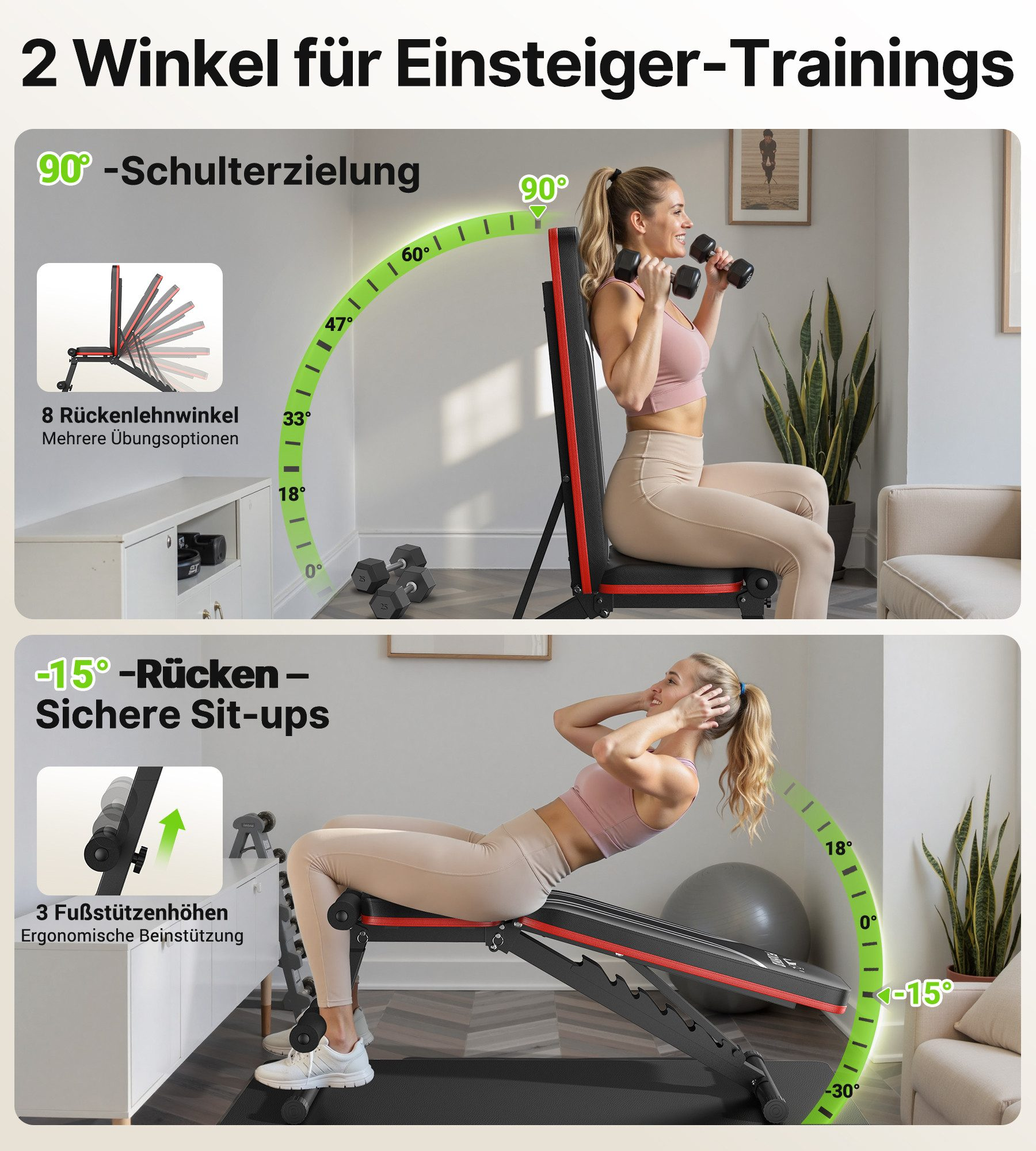 Eine Frau hebt Hanteln auf einer verstellbaren Hantelbank, während eine andere Sit-ups macht.