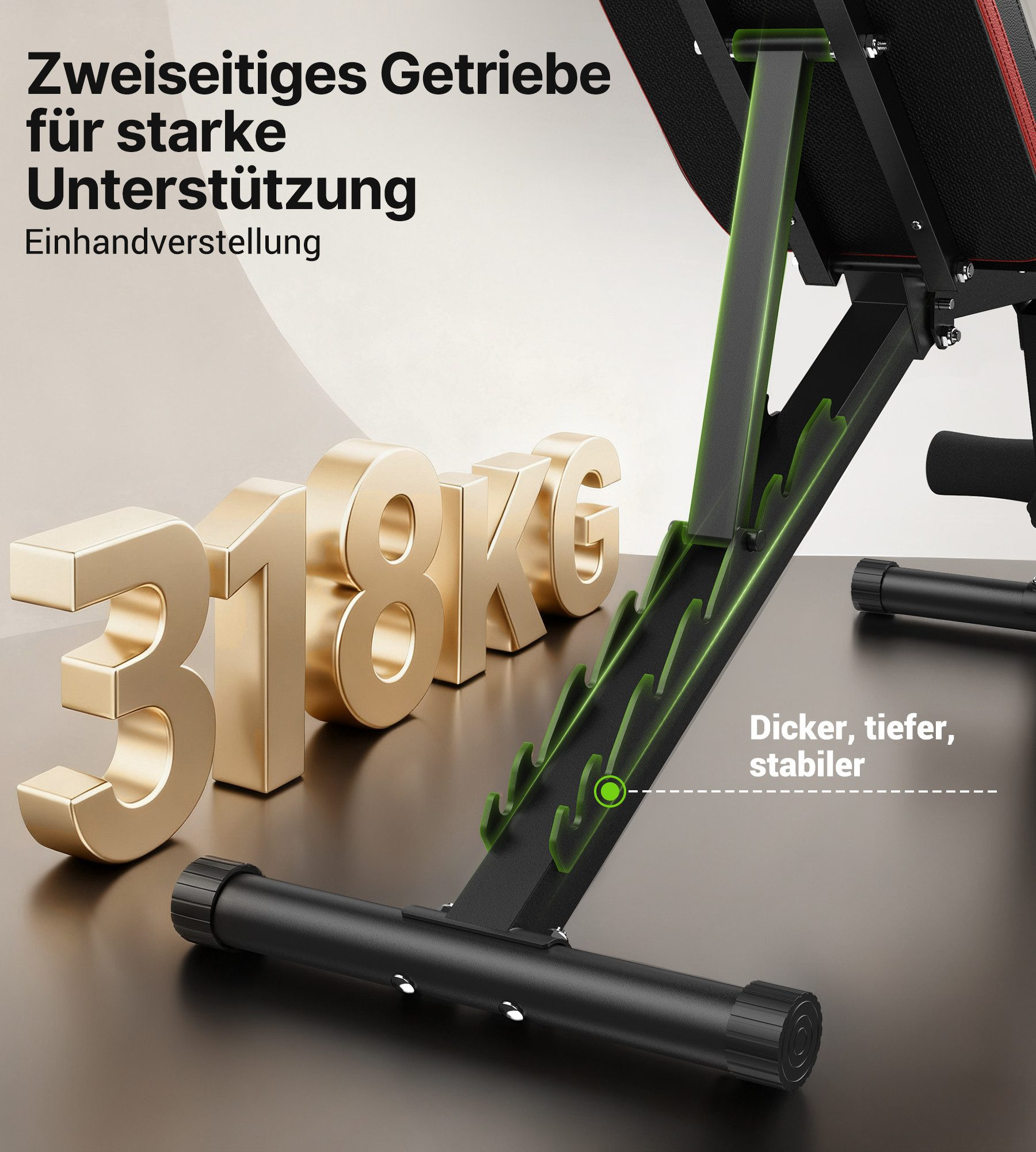 Goldene Zahlen 318KG vor einem Trainingsgerät mit grün hervorgehobenen Streben.