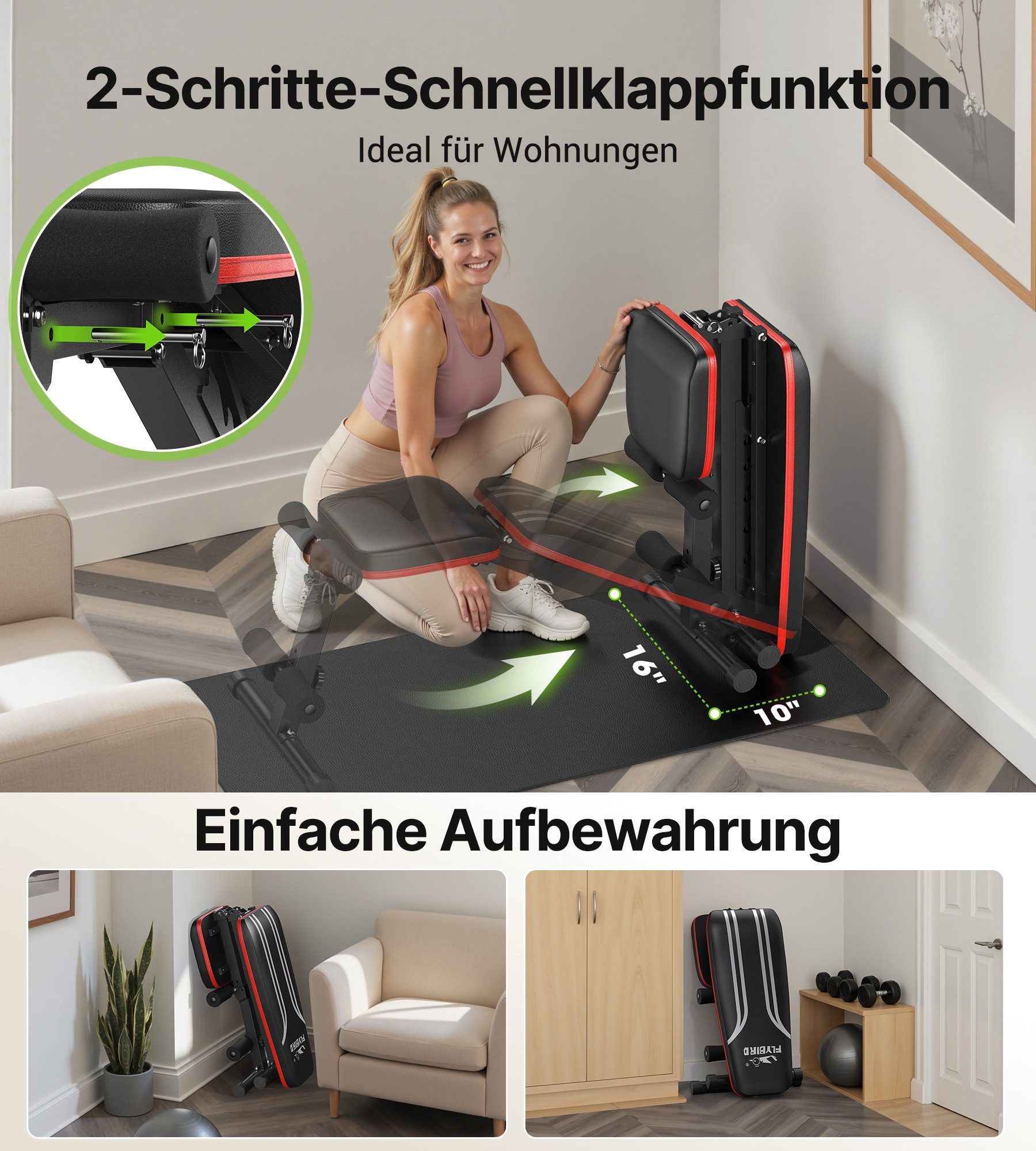 Frau zeigt zusammenklappbare Hantelbank in Wohnung. Ideal für kleine Räume.
