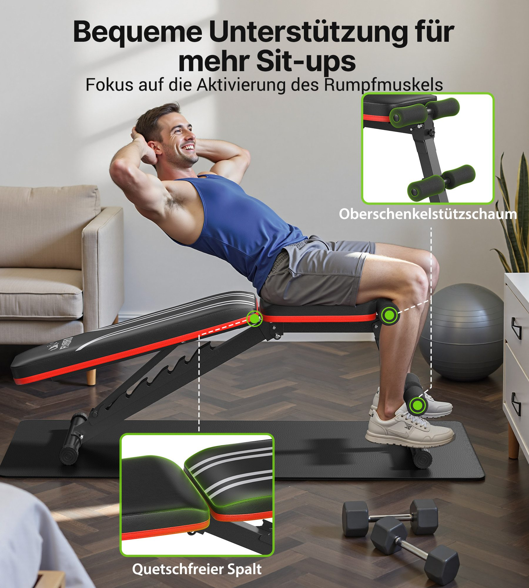 Mann macht Sit-ups auf einer Hantelbank mit gepolsterten Beinrollen und Schaumstoffpolstern.