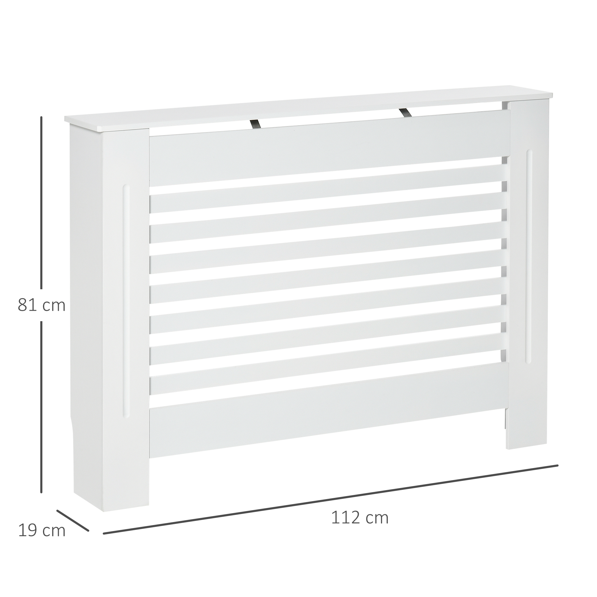 Copritermosifone bianco con doghe e indicazioni dimensionali.