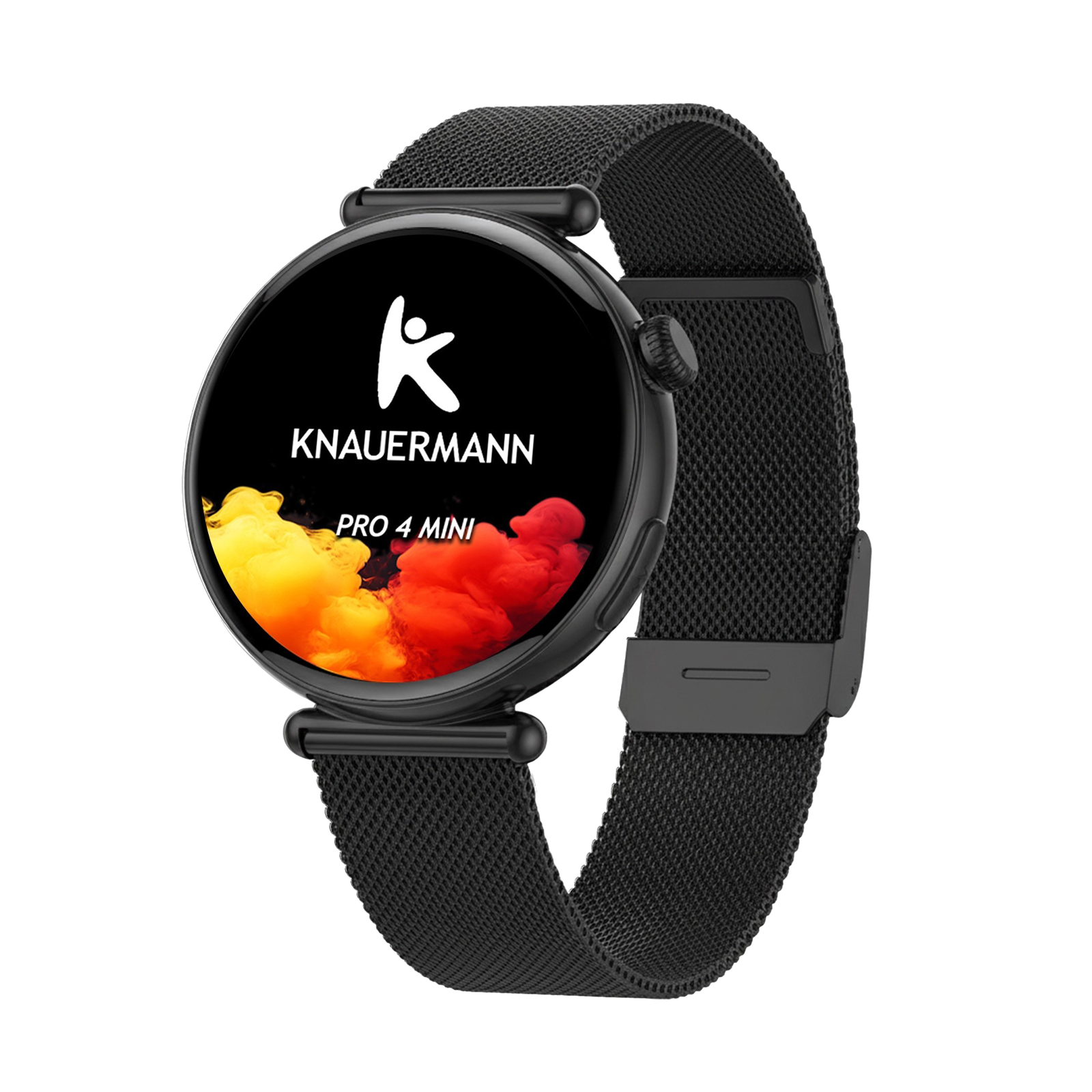 Eine schwarze Smartwatch mit Mesh-Armband zeigt "KNAUERMANN PRO 4 MINI" auf dem Bildschirm.