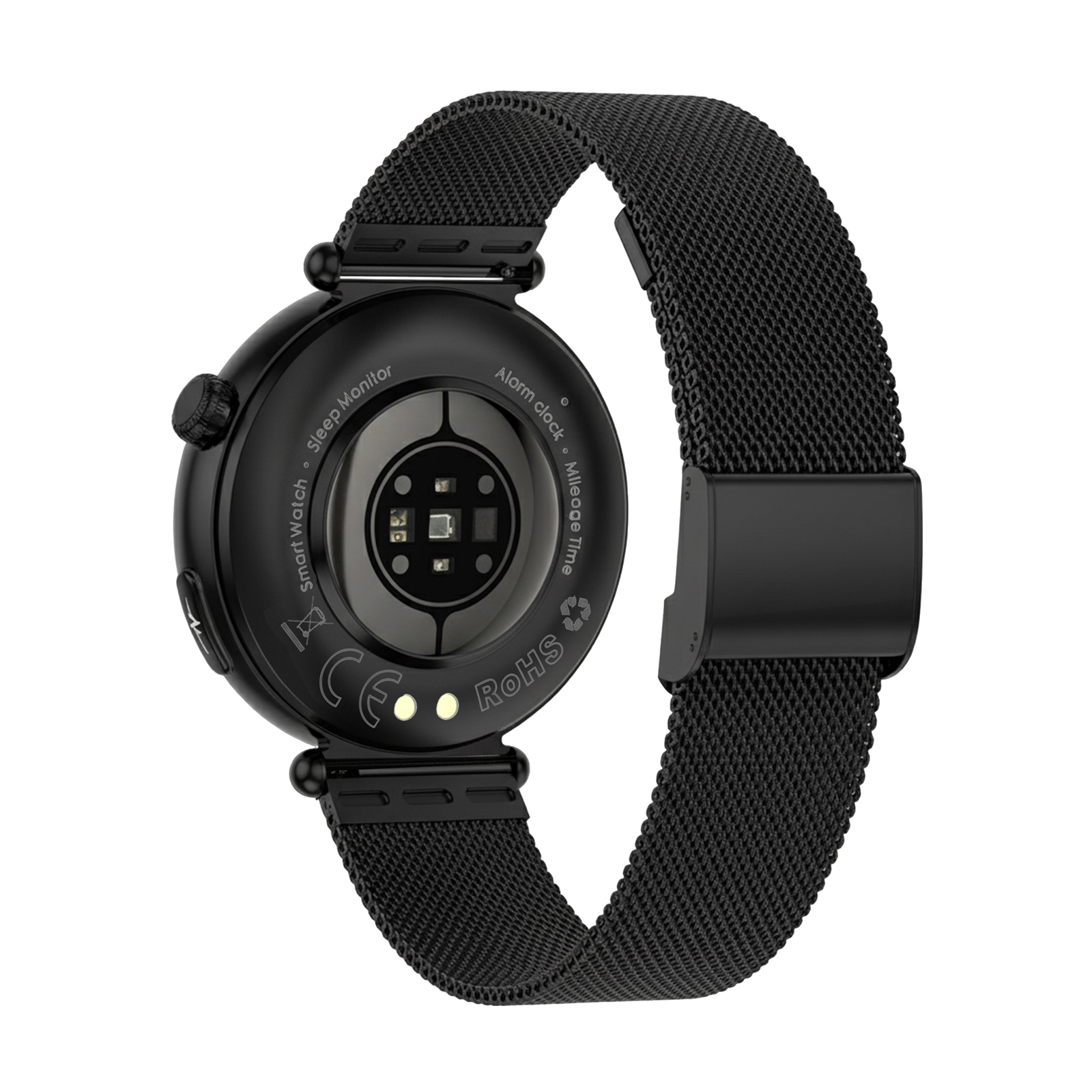 Rückseite einer schwarzen Smartwatch mit Metallarmband und Herzfrequenzsensor.