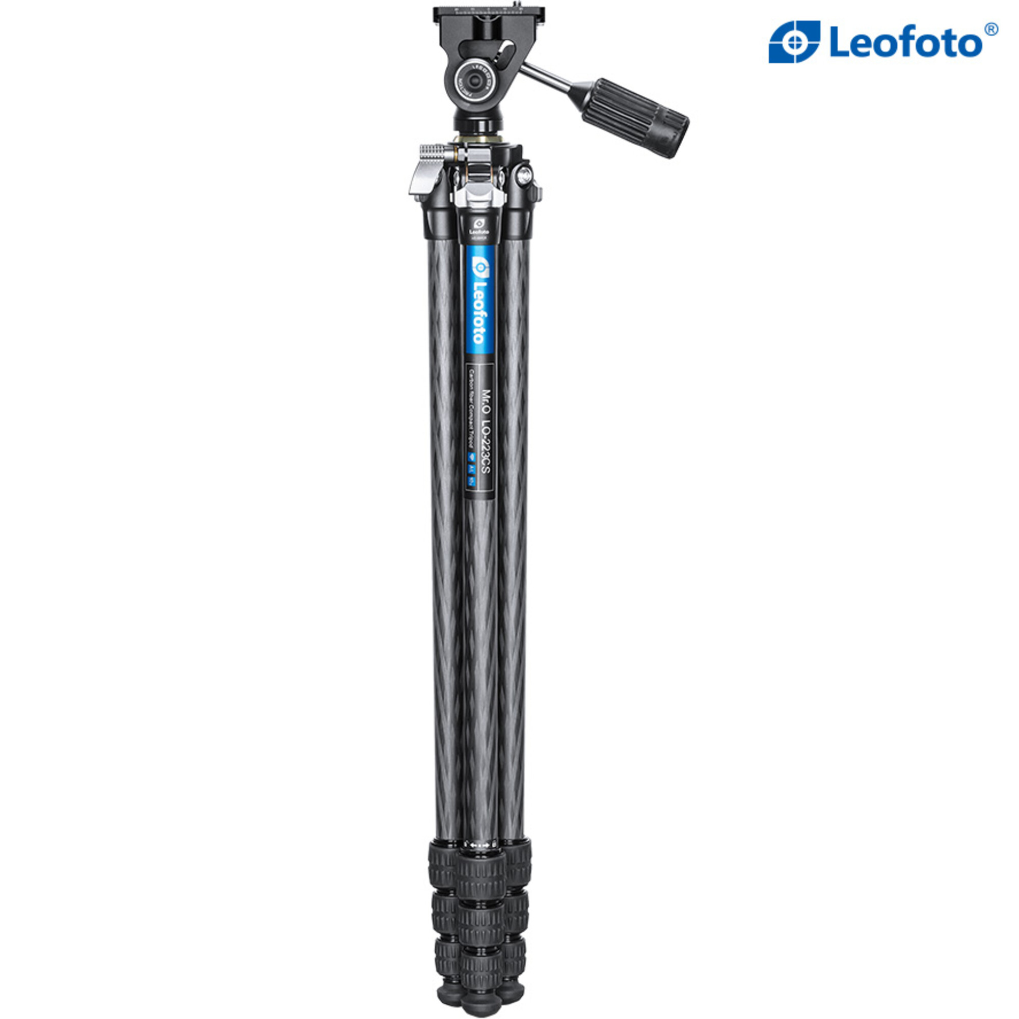 Ein Leofoto Carbon-Stativ mit Kugelkopf und Griff wird vor weißem Hintergrund gezeigt.