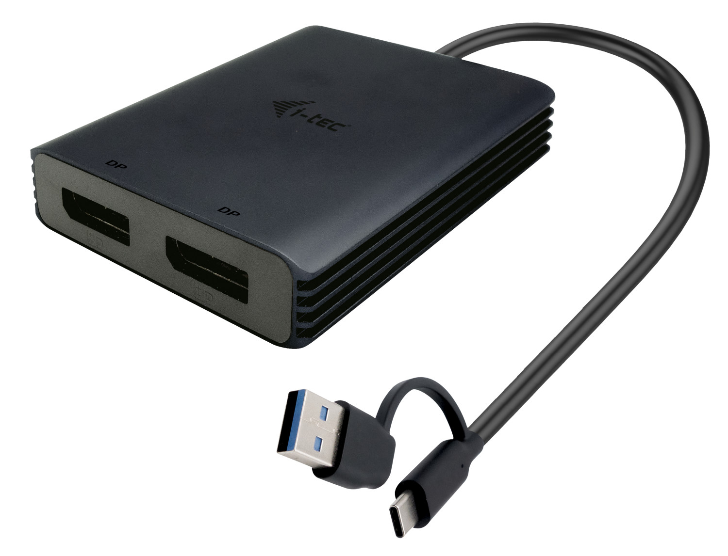 Adattatore i-tec nero con due porte DP, connettori USB-A e USB-C.