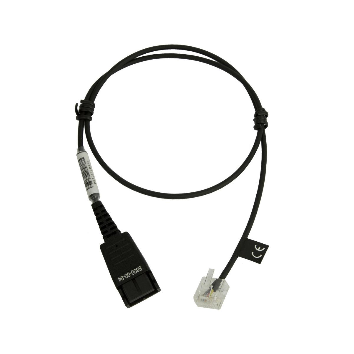 Cavo nero a spirale con connettore RJ11 e proprietario. Marchio CE presente.