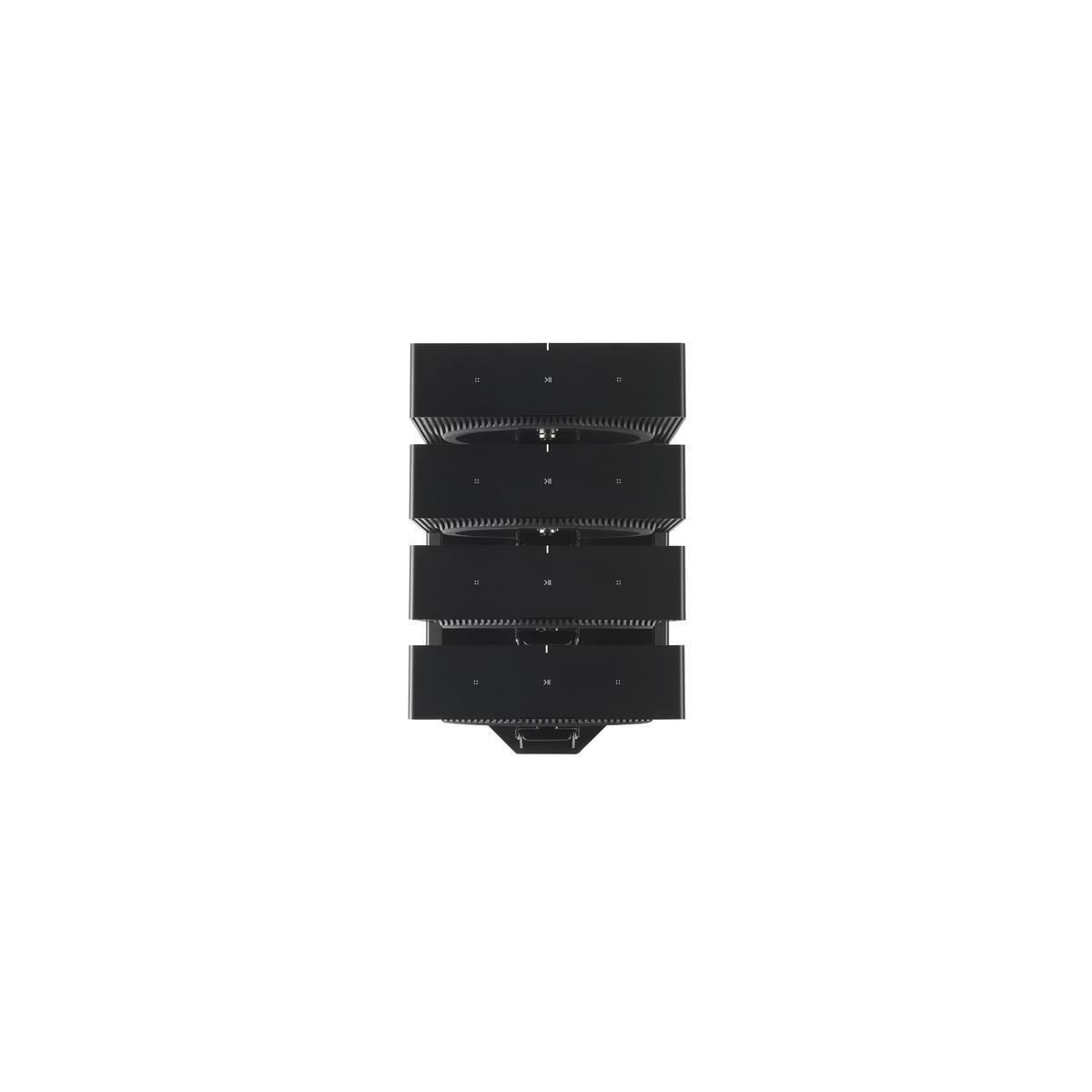 Un server verticale nero con quattro vani, ognuno dotato di ventole.