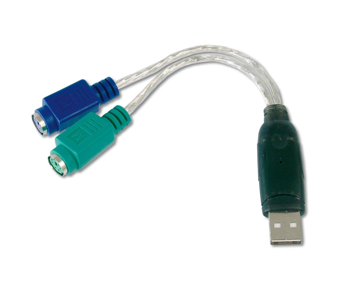 Un cavo adattatore da USB a doppio PS/2 con connettori blu e verdi.