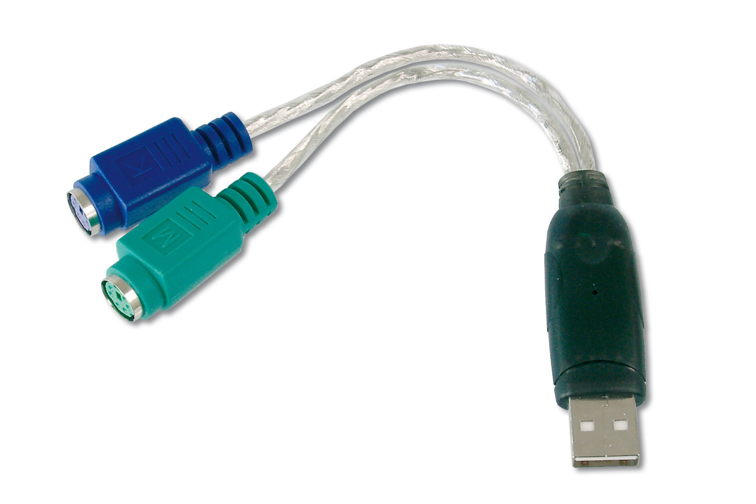 Un cavo adattatore da USB a PS/2 con porte PS/2 blu e verdi.