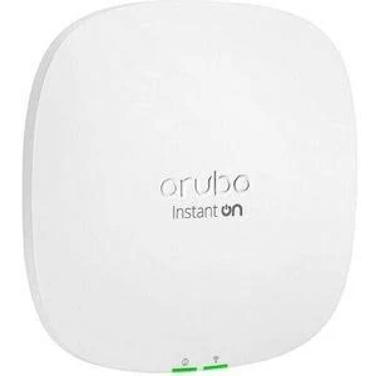 Altta yeşil LED ışıkları olan beyaz bir Aruba Instant On erişim noktası.