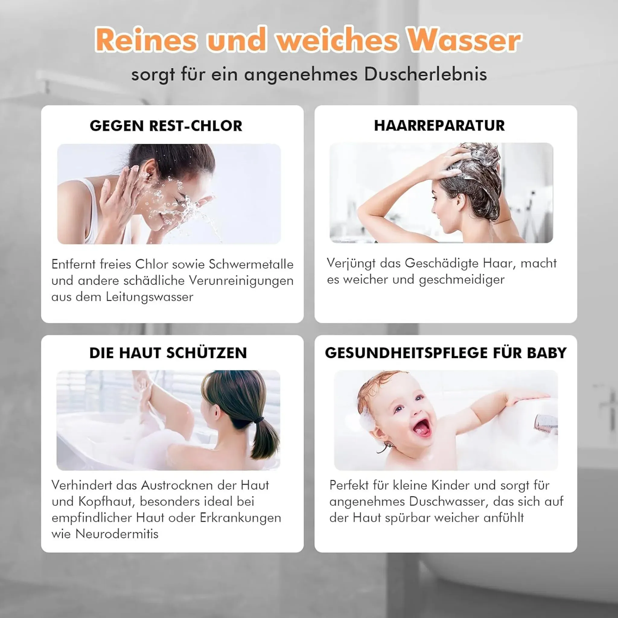 Collage zeigt Wasservorteile: Gesichtswaschen, Haarrep., Hautschutz, Babypflege.
