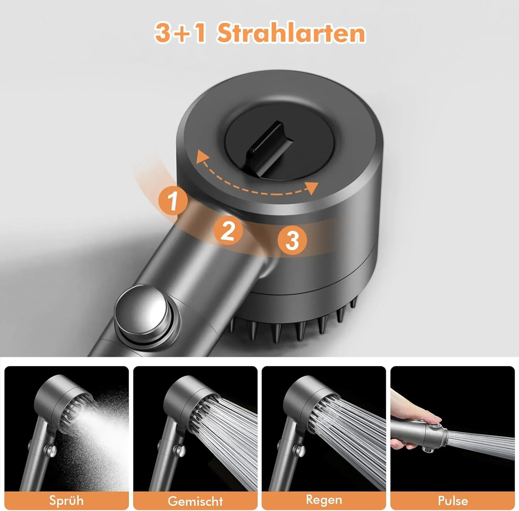 Duschkopf mit 3+1 Strahlarten: Sprüh, Gemischt, Regen und Puls.