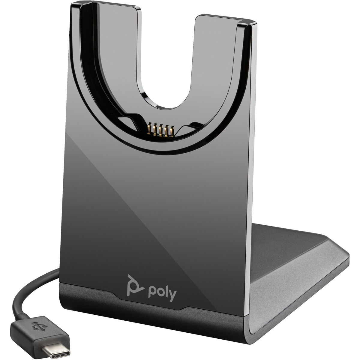 Black Poly charging base with USB-C cable and charging pins.