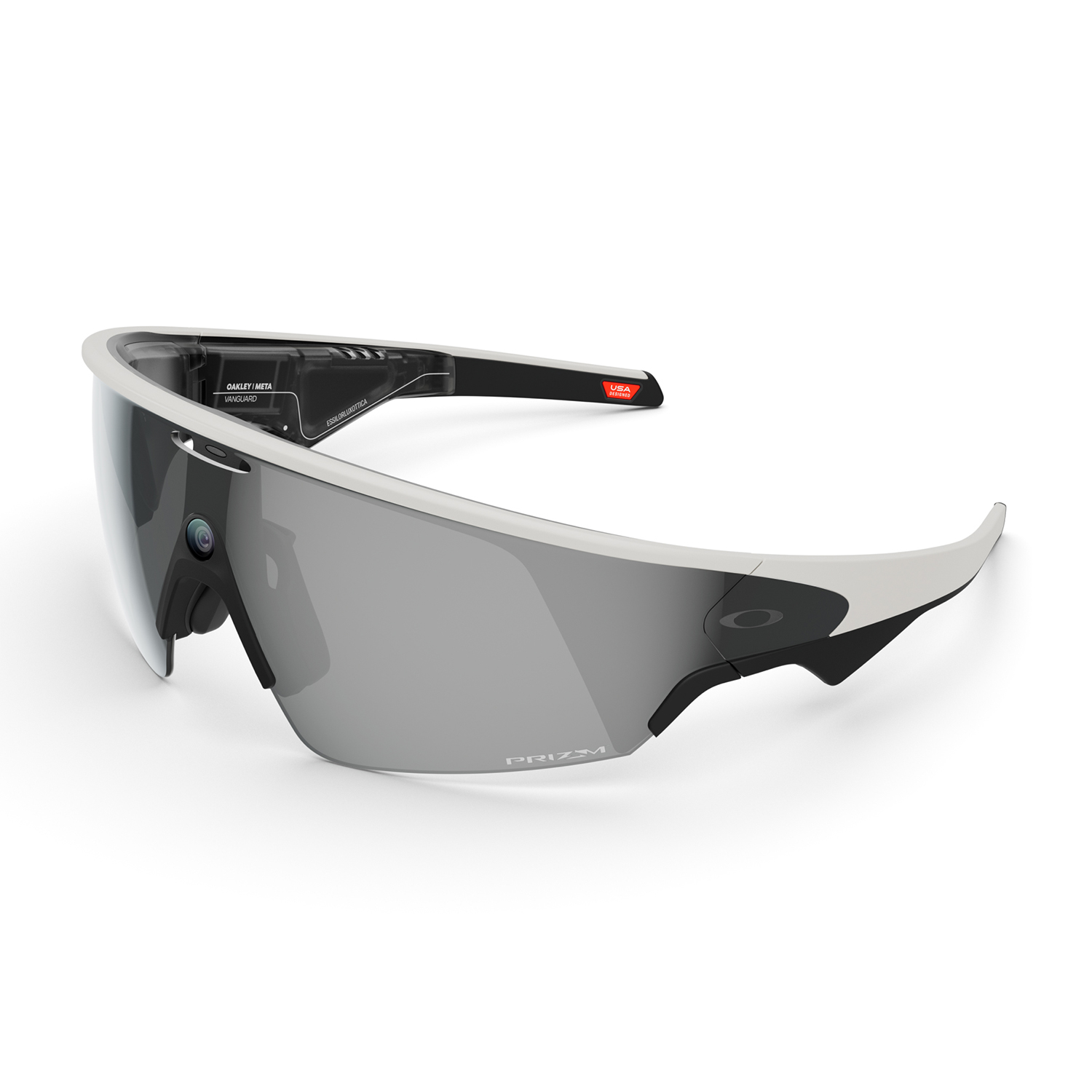 Occhiali sportivi Oakley grigi con lenti argentate e montatura bianca.