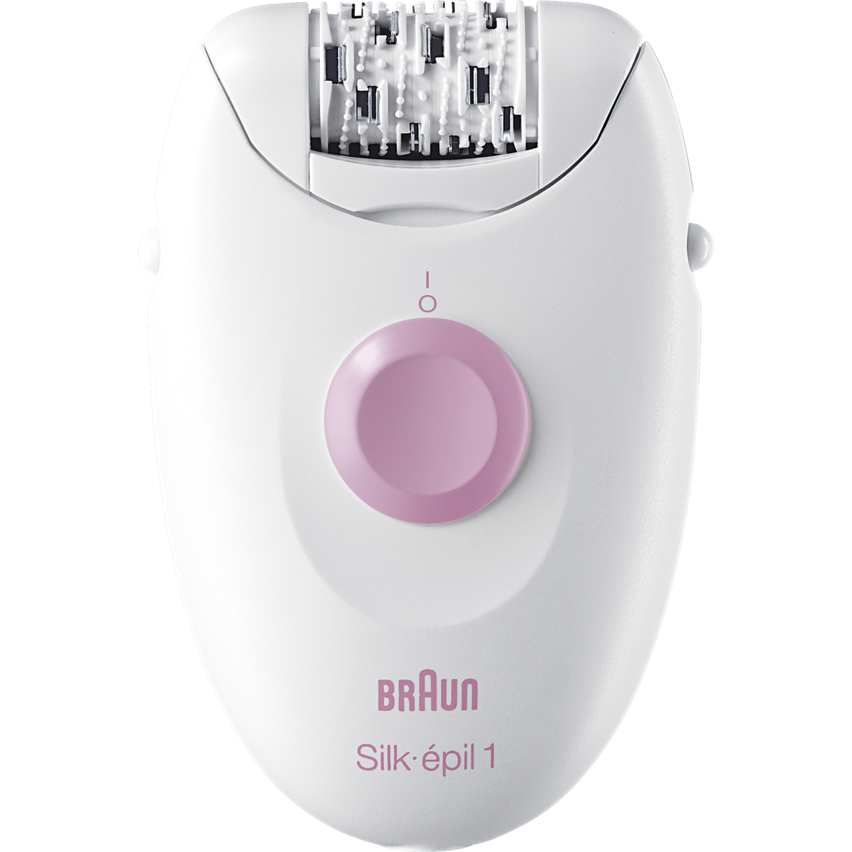 Pembe düğmeli ve gümüş cımbızlı beyaz Braun Silk-épil 1 epilatör.