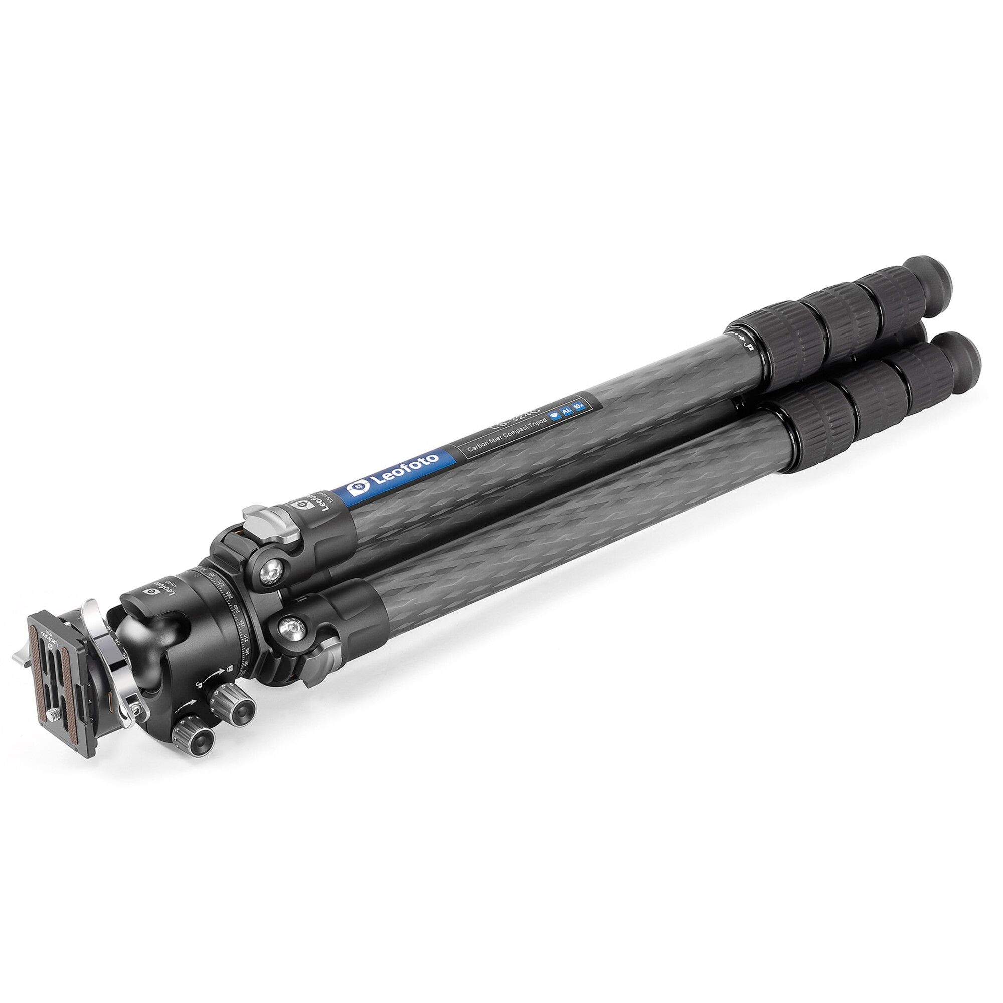 Ein Leofoto Carbon-Kompaktstativ mit Kugelkopf und Schnellwechselplatte.