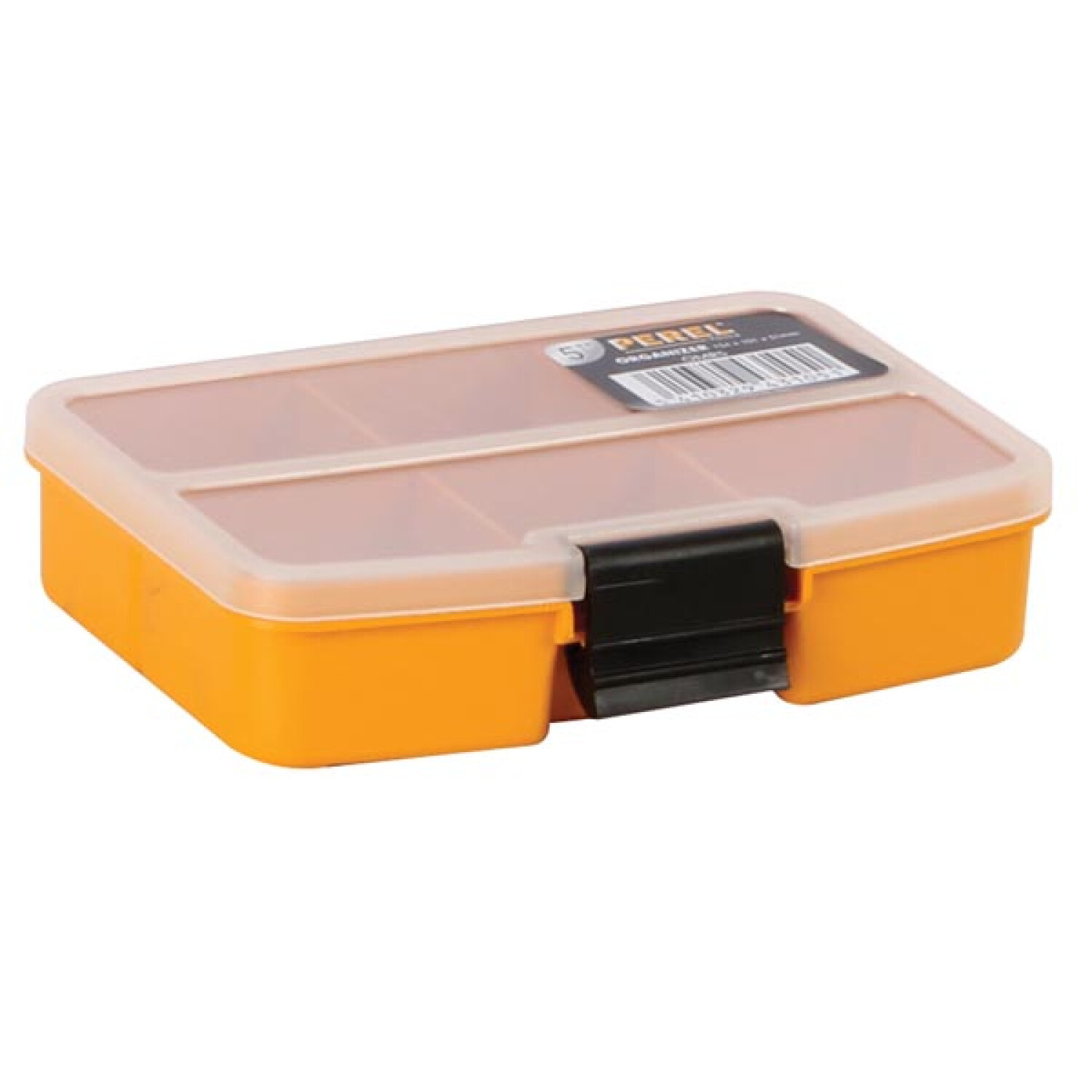 Scatola organizer arancione con coperchio trasparente e scomparti, chiusura nera.