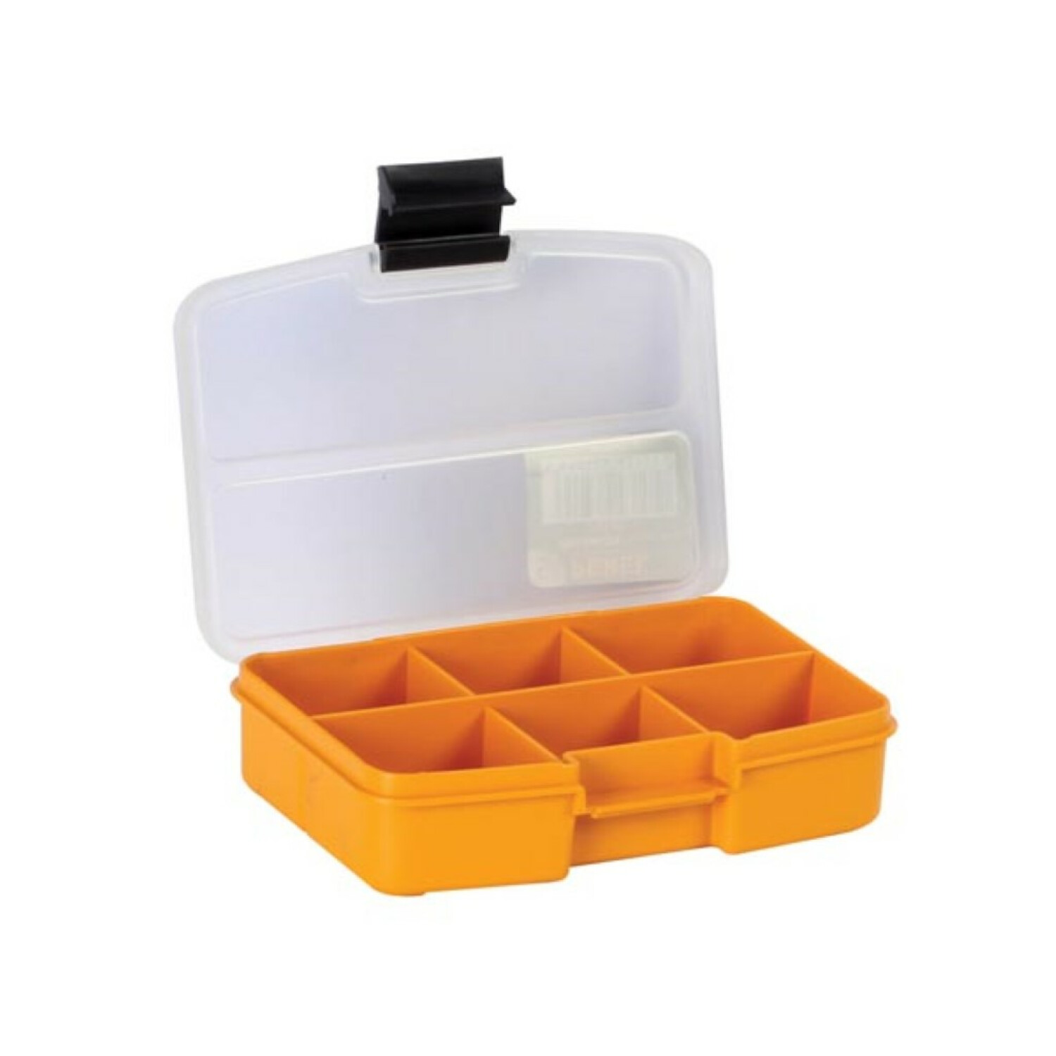 Un organizer in plastica arancione aperto con sei scomparti e coperchio trasparente.