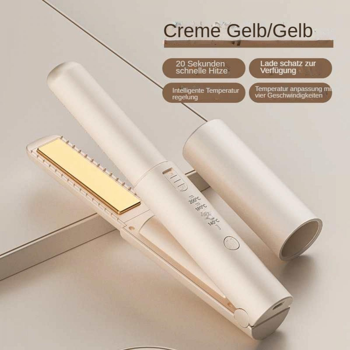 Ein cremefarbener und gelber Haarglätter mit einstellbaren Temperatureinstellungen.